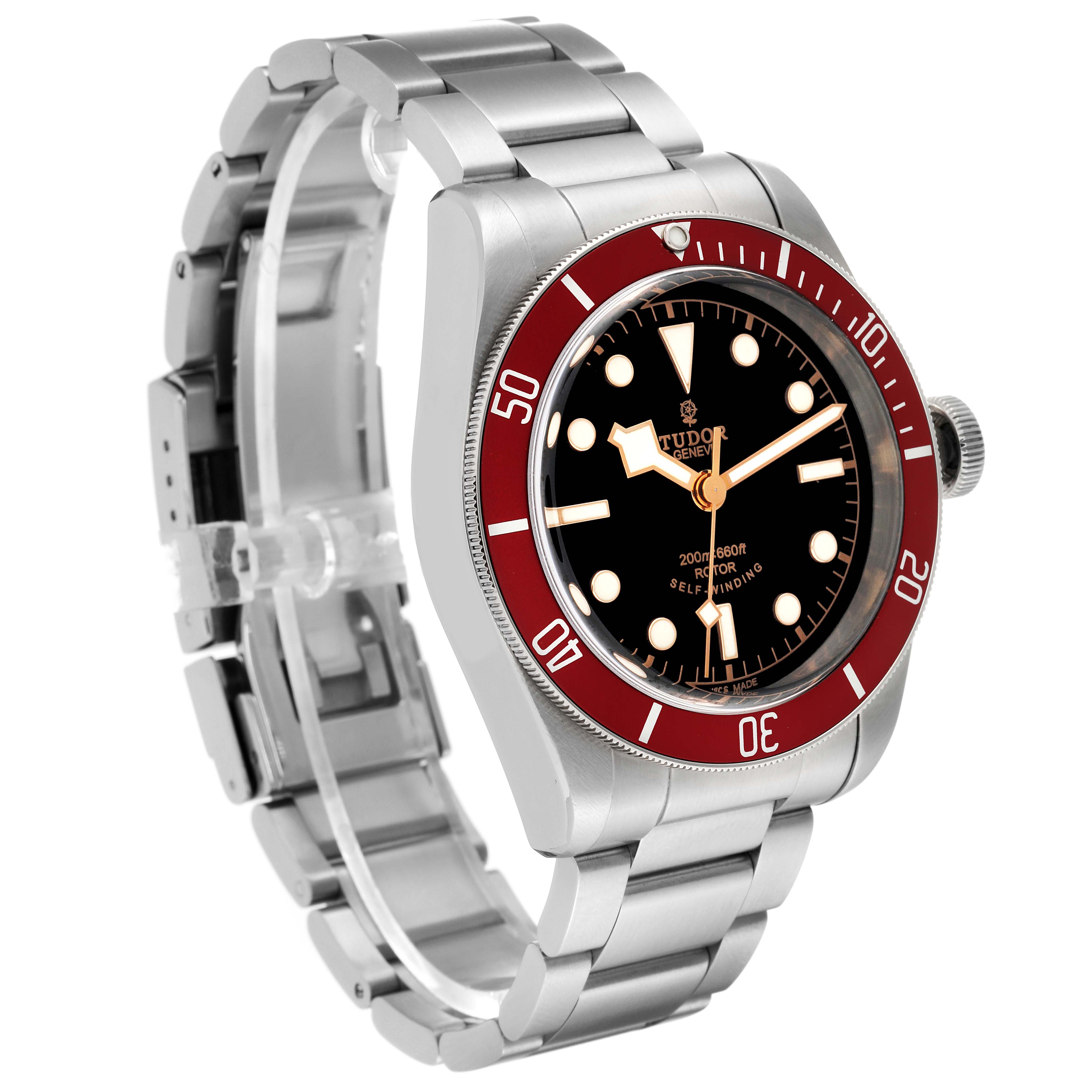 The image shows a Tudor Heritage Black Bay 79220R Men's Stainless Steel Black Dial 79220R Men's Stainless Steel Black Dial watch at an oblique angle, highlighting its dial, bezel, and bracelet.