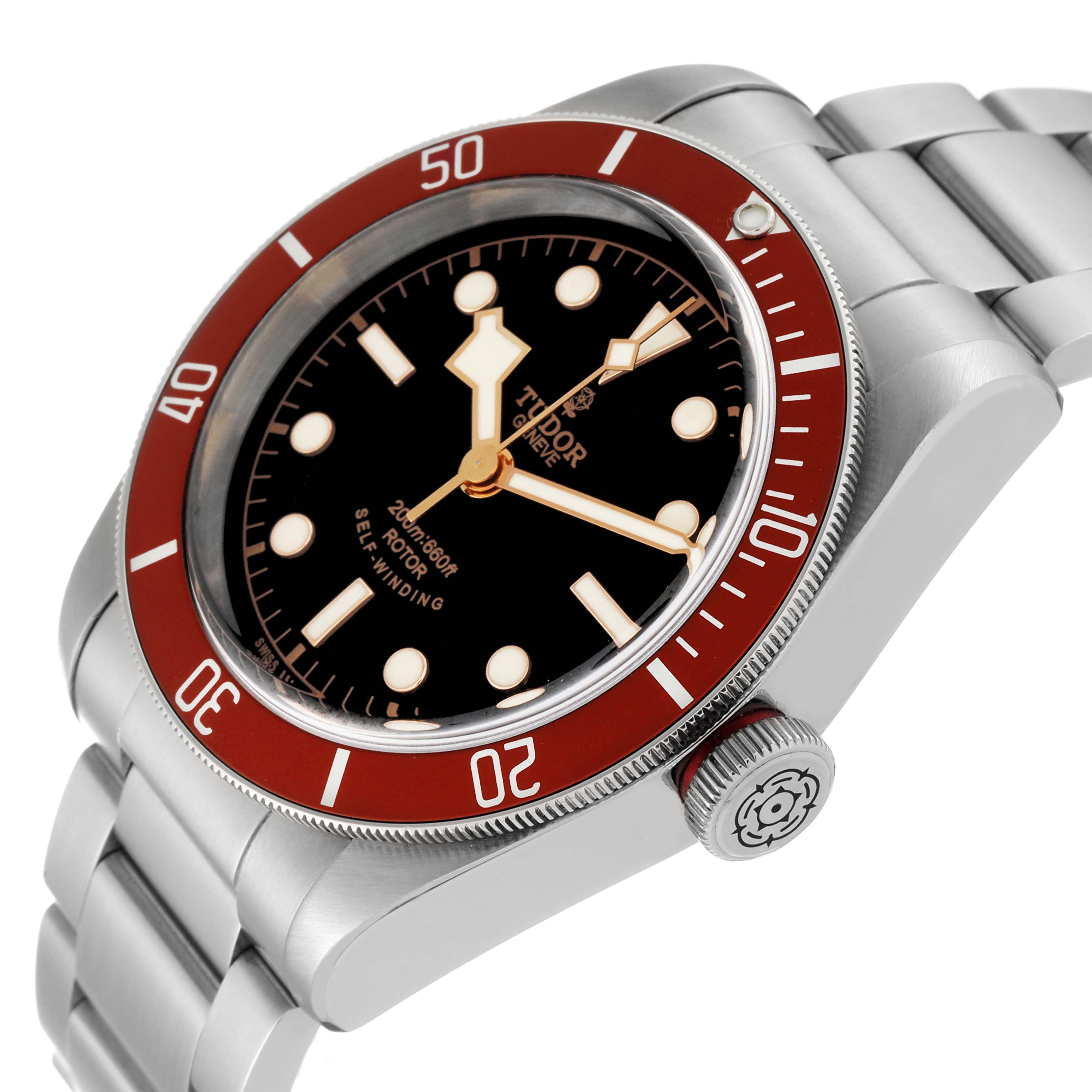 This image shows a side angle of the Tudor Heritage Black Bay 79220R Men's Stainless Steel Black Dial 79220R Men's Stainless Steel Black Dial watch, illustrating its case, bezel, crown, and bracelet.