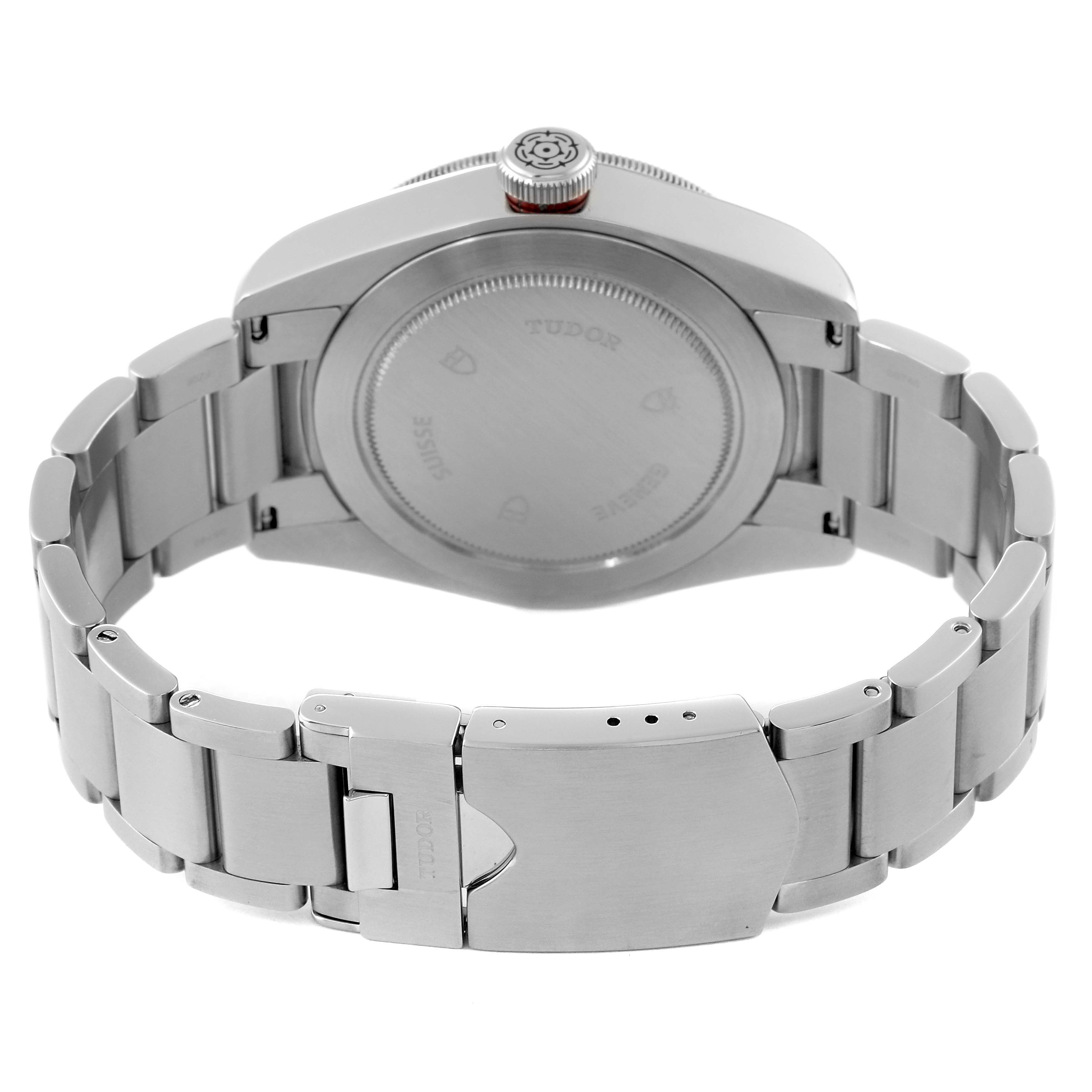 This image shows the back and bracelet of the Tudor Heritage Black Bay 79220R Men's Stainless Steel Black Dial 79220R Men's Stainless Steel Black Dial watch.