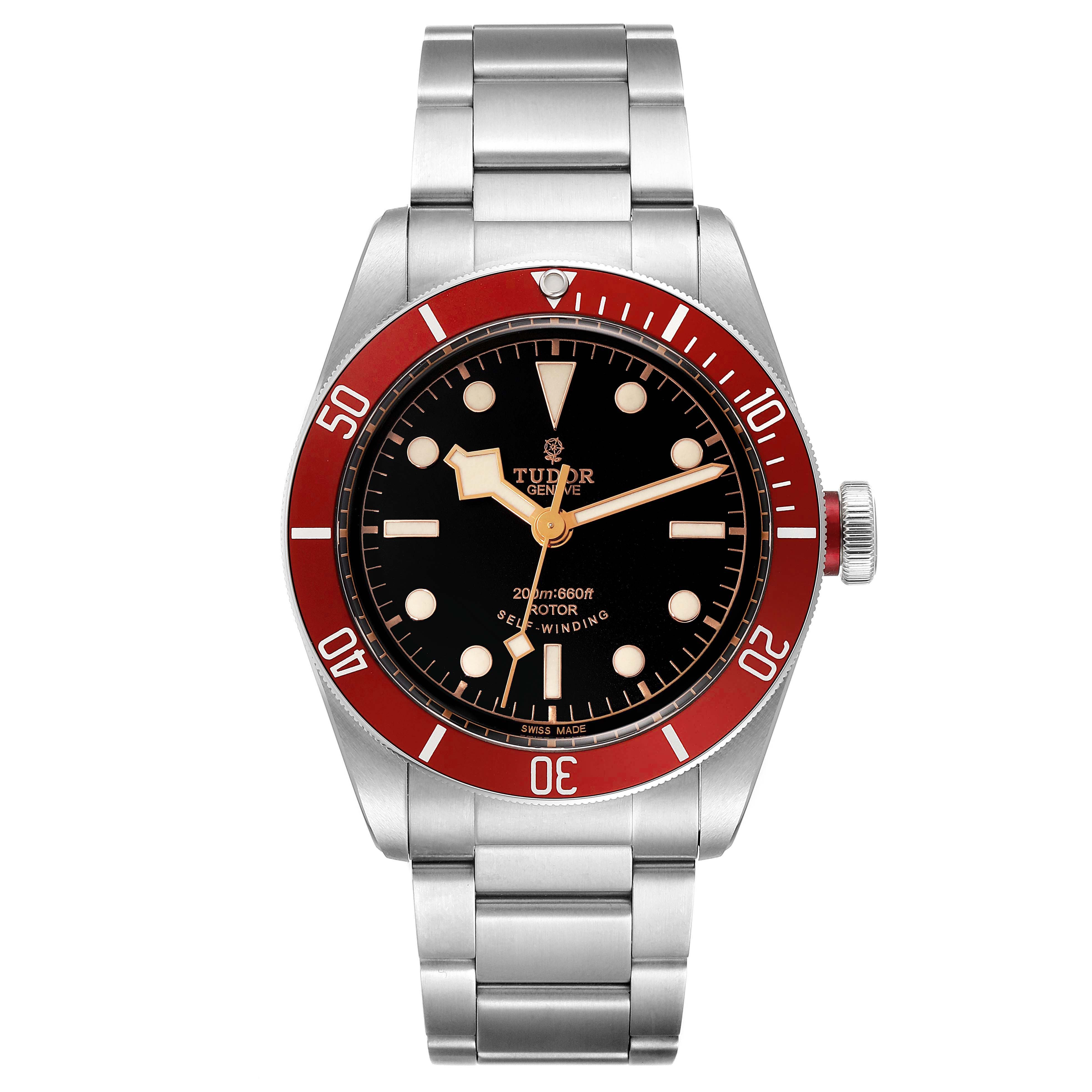 The image shows a front view of the Tudor Heritage Black Bay 79220R Men's Stainless Steel Black Dial 79220R Men's Stainless Steel Black Dial watch, including its bracelet, case, bezel, dial, and crown.