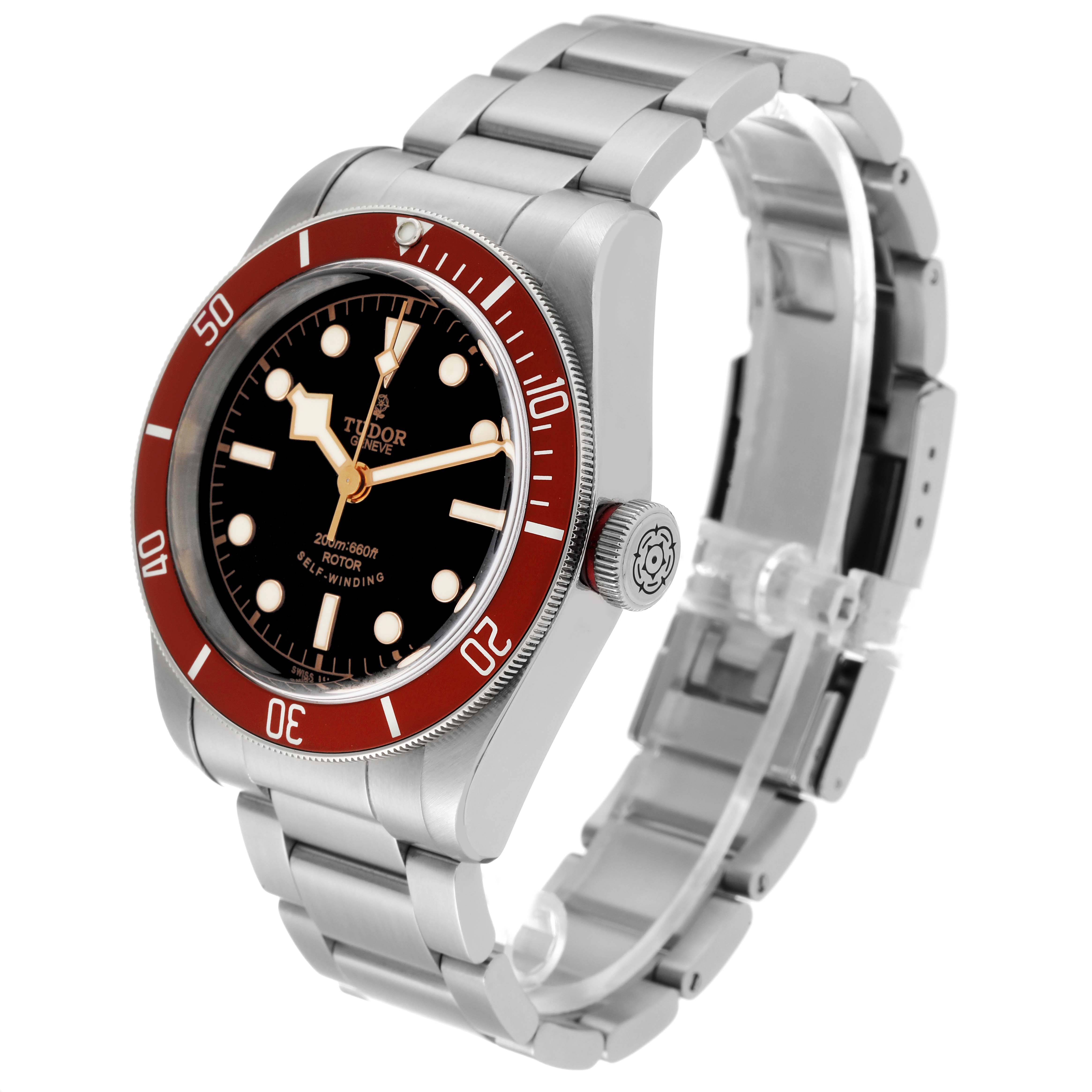 The Tudor Heritage Black Bay 79220R Men's Stainless Steel Black Dial 79220R Men's Stainless Steel Black Dial watch is shown at a three-quarter angle, highlighting the bezel, dial, crown, and metal bracelet.