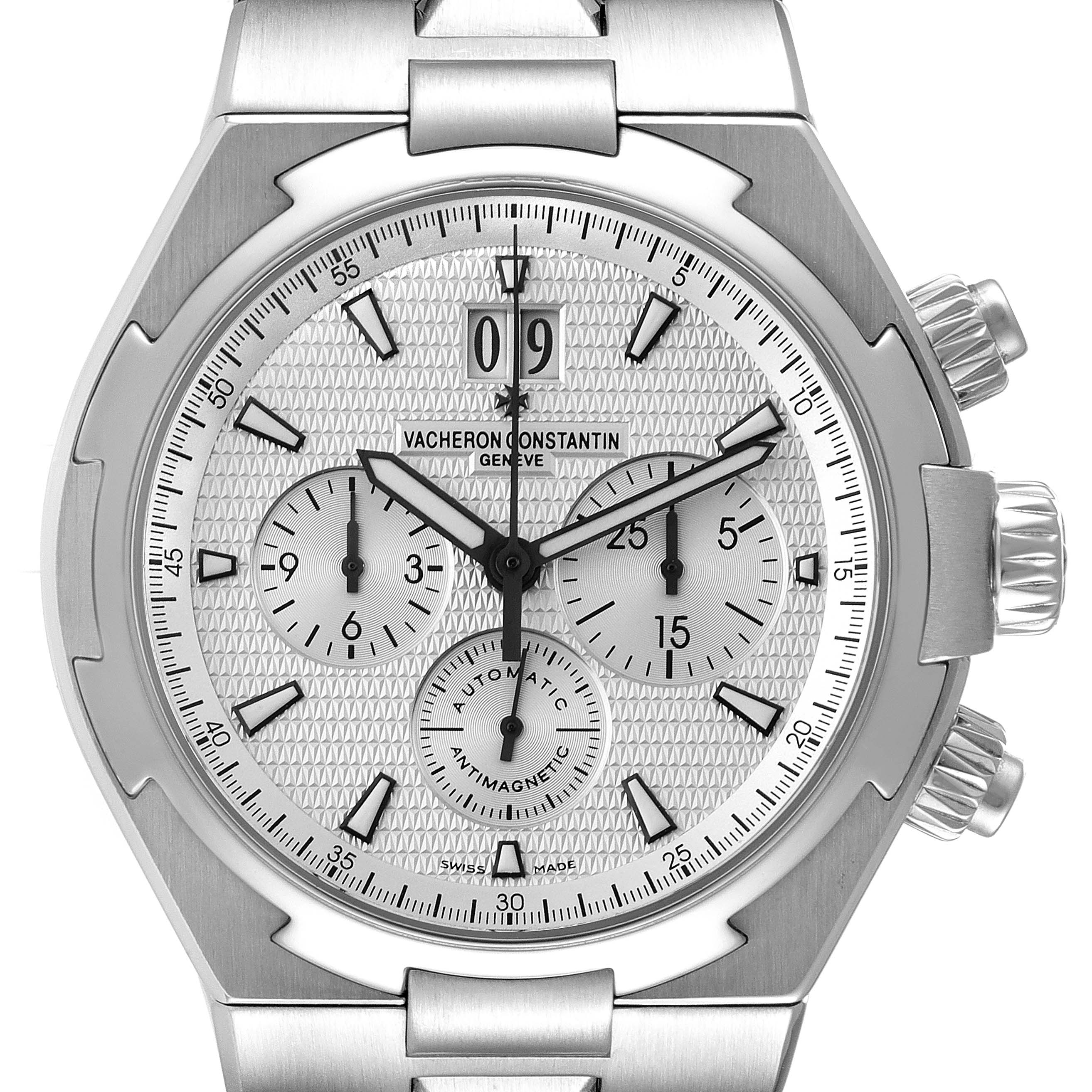 The image shows a front view of the Vacheron Constantin Overseas 49150/B01A-9095 Men's Stainless Steel Silver Dial 49150/B01A-9095 Men's Stainless Steel Silver Dial watch, highlighting the dial, subdials, and crown.