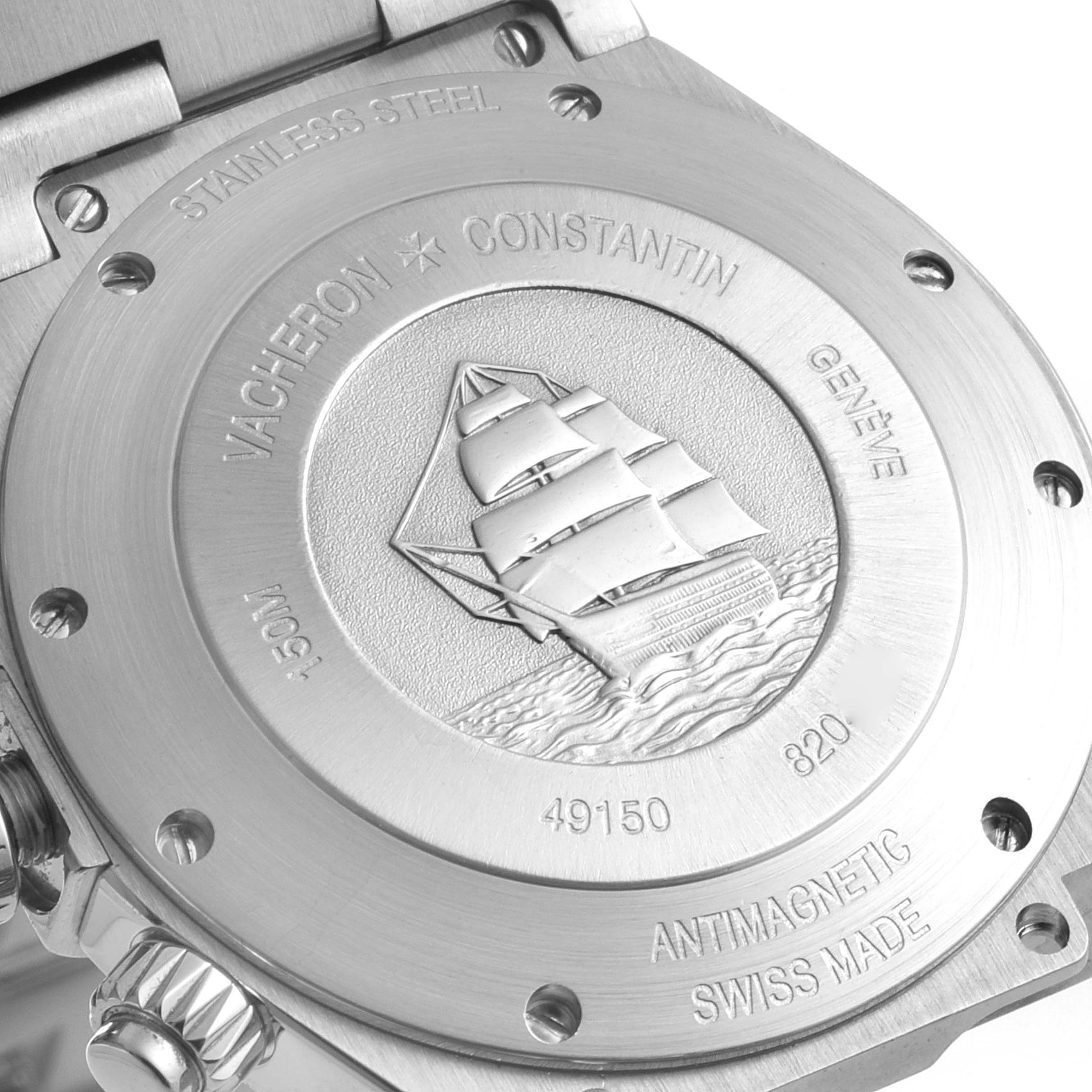 This image shows the engraved caseback of the Vacheron Constantin Overseas 49150/B01A-9095 Men's Stainless Steel Silver Dial 49150/B01A-9095 Men's Stainless Steel Silver Dial watch model.