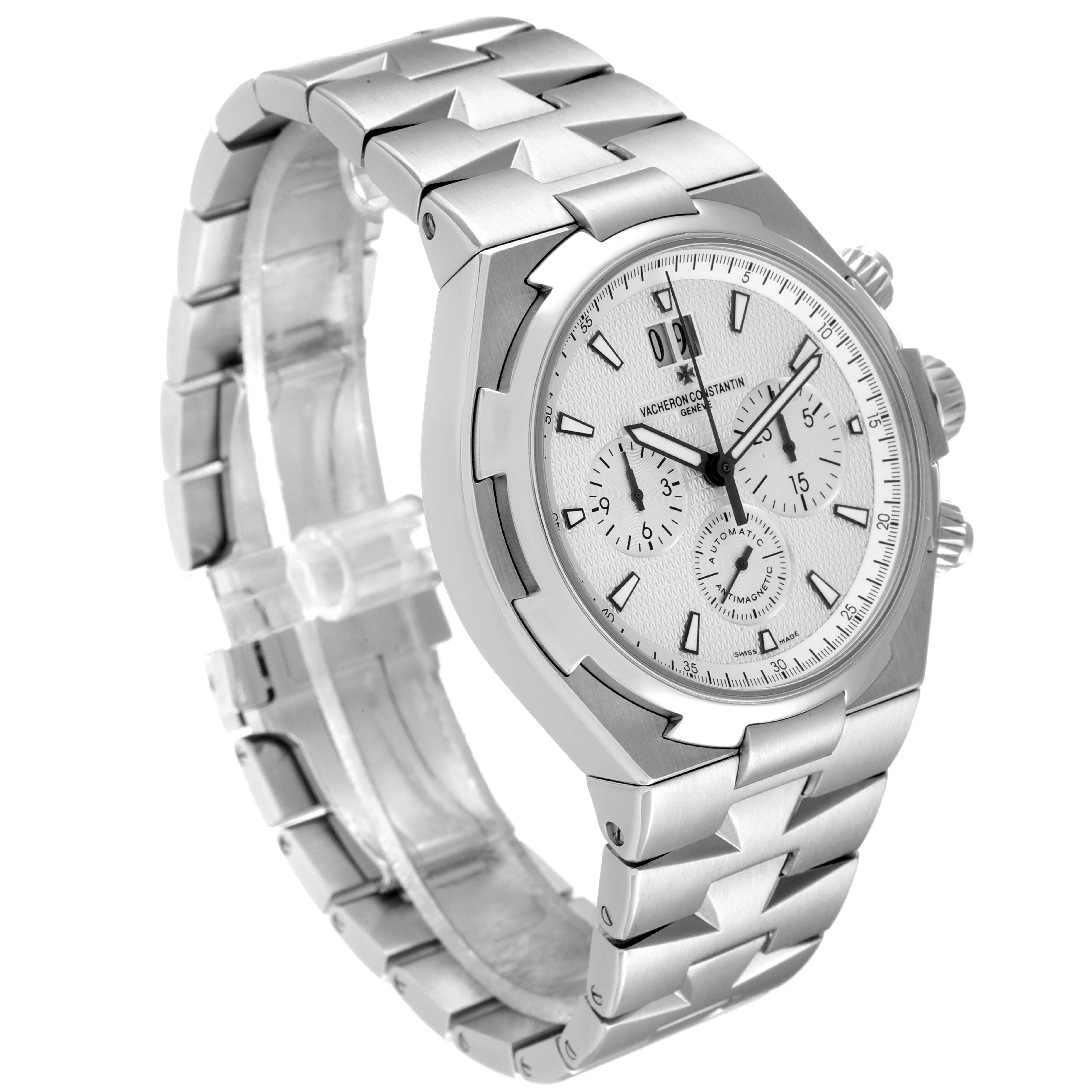 This image shows a Vacheron Constantin Overseas 49150/B01A-9095 Men's Stainless Steel Silver Dial 49150/B01A-9095 Men's Stainless Steel Silver Dial model watch at a three-quarter angle, highlighting its dial, case, and bracelet.