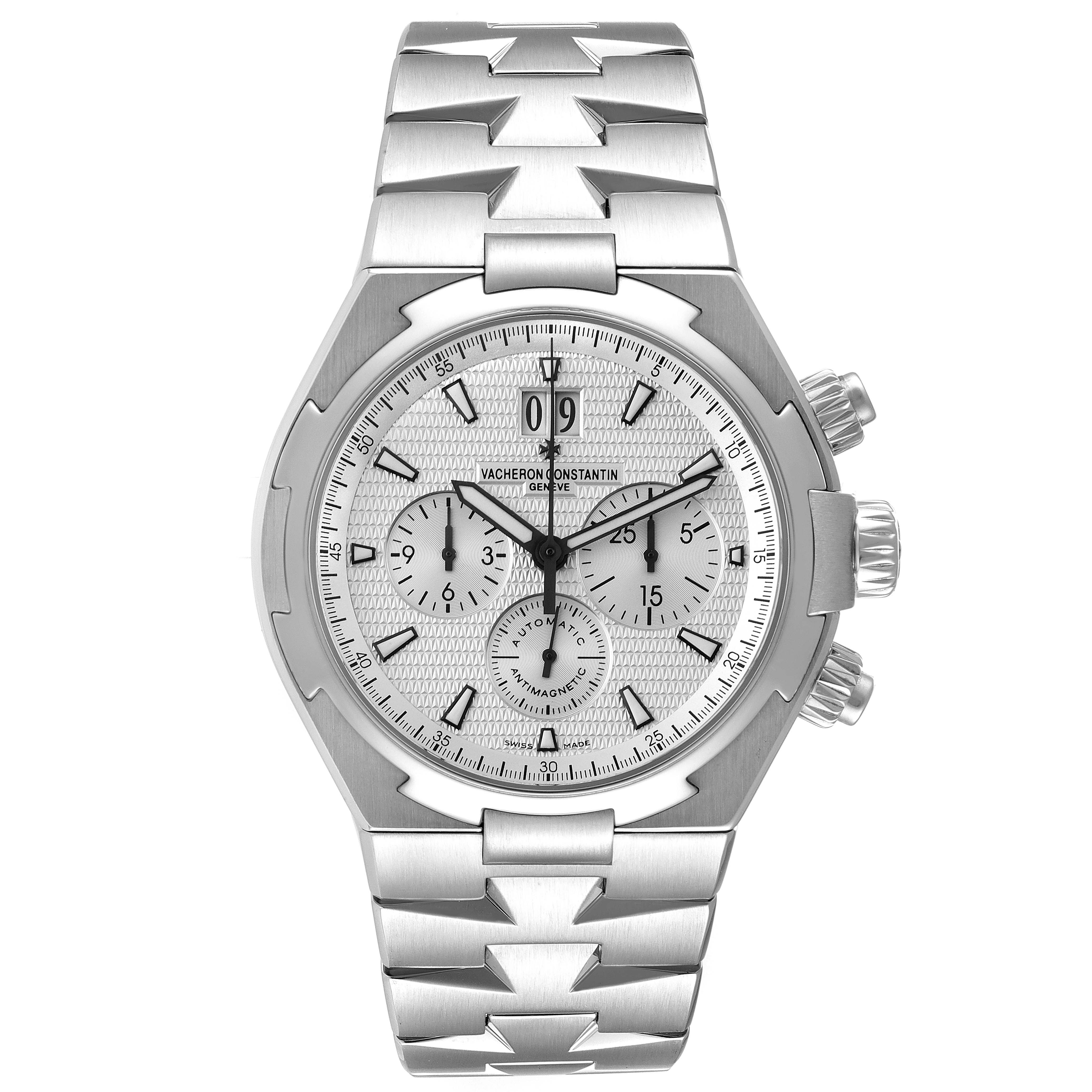 The image shows a Vacheron Constantin Overseas 49150/B01A-9095 Men's Stainless Steel Silver Dial 49150/B01A-9095 Men's Stainless Steel Silver Dial model watch from a front angle, displaying the dial, case, and bracelet.