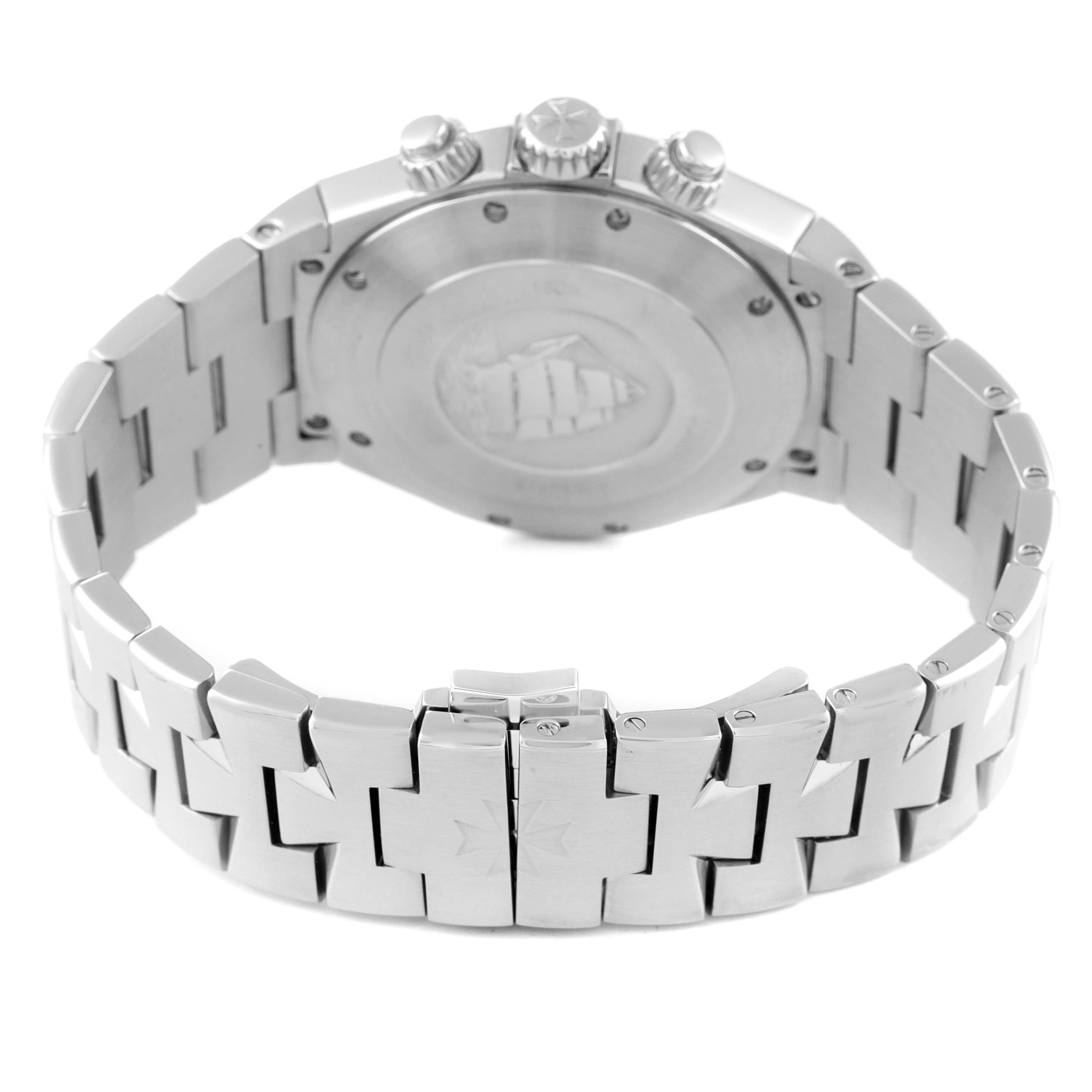The image shows the back side and bracelet of a Vacheron Constantin Overseas 49150/B01A-9095 Men's Stainless Steel Silver Dial 49150/B01A-9095 Men's Stainless Steel Silver Dial model watch.