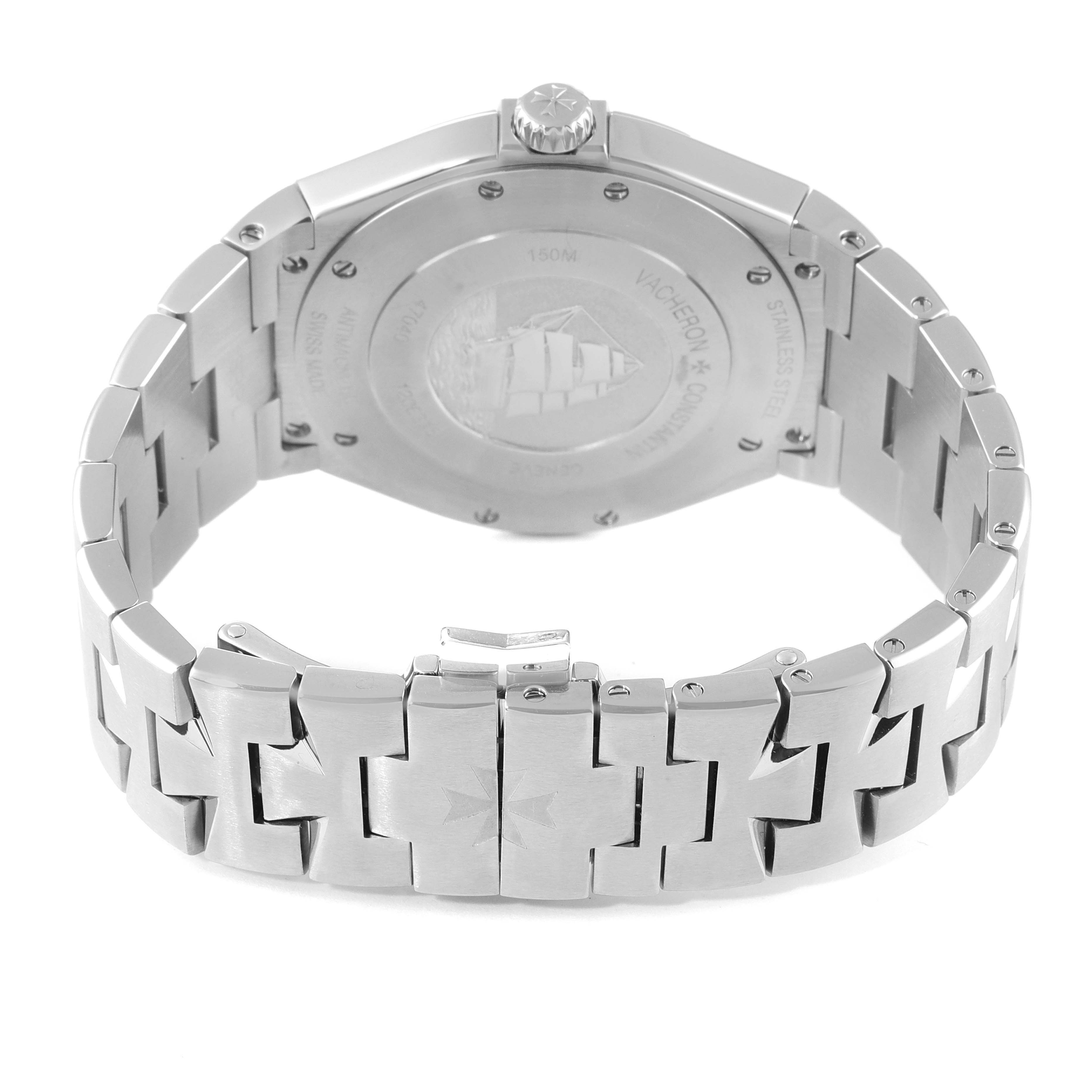 The image shows the back view of a Vacheron Constantin Overseas 47040/B01A-9094 Men's Stainless Steel Black Dial 47040/B01A-9094 Men's Stainless Steel Black Dial watch, highlighting the case back, bracelet, and clasp.