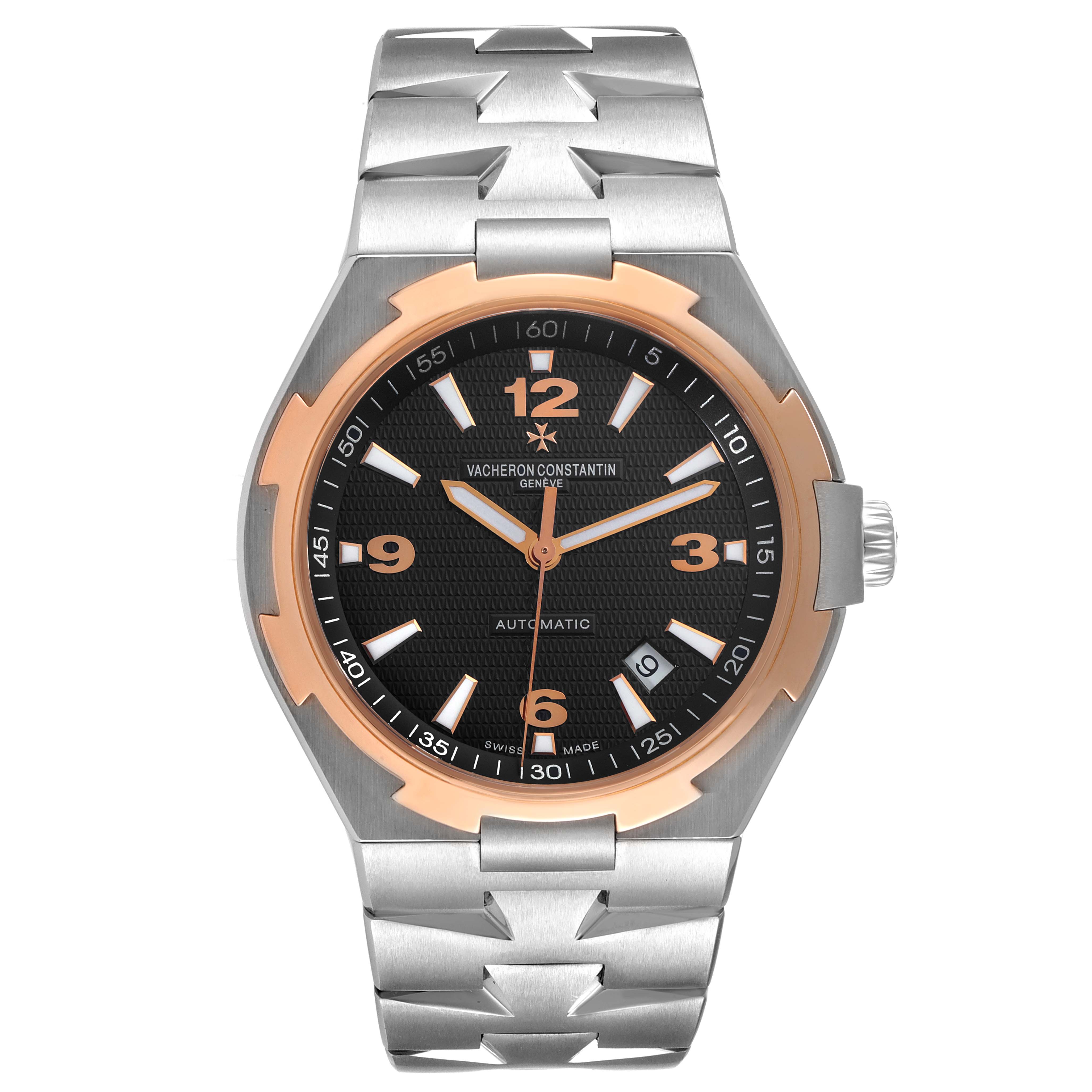 This image shows a front view of the Vacheron Constantin Overseas 47040/B01A-9094 Men's Stainless Steel Black Dial 47040/B01A-9094 Men's Stainless Steel Black Dial watch, displaying its dial, bezel, and bracelet.