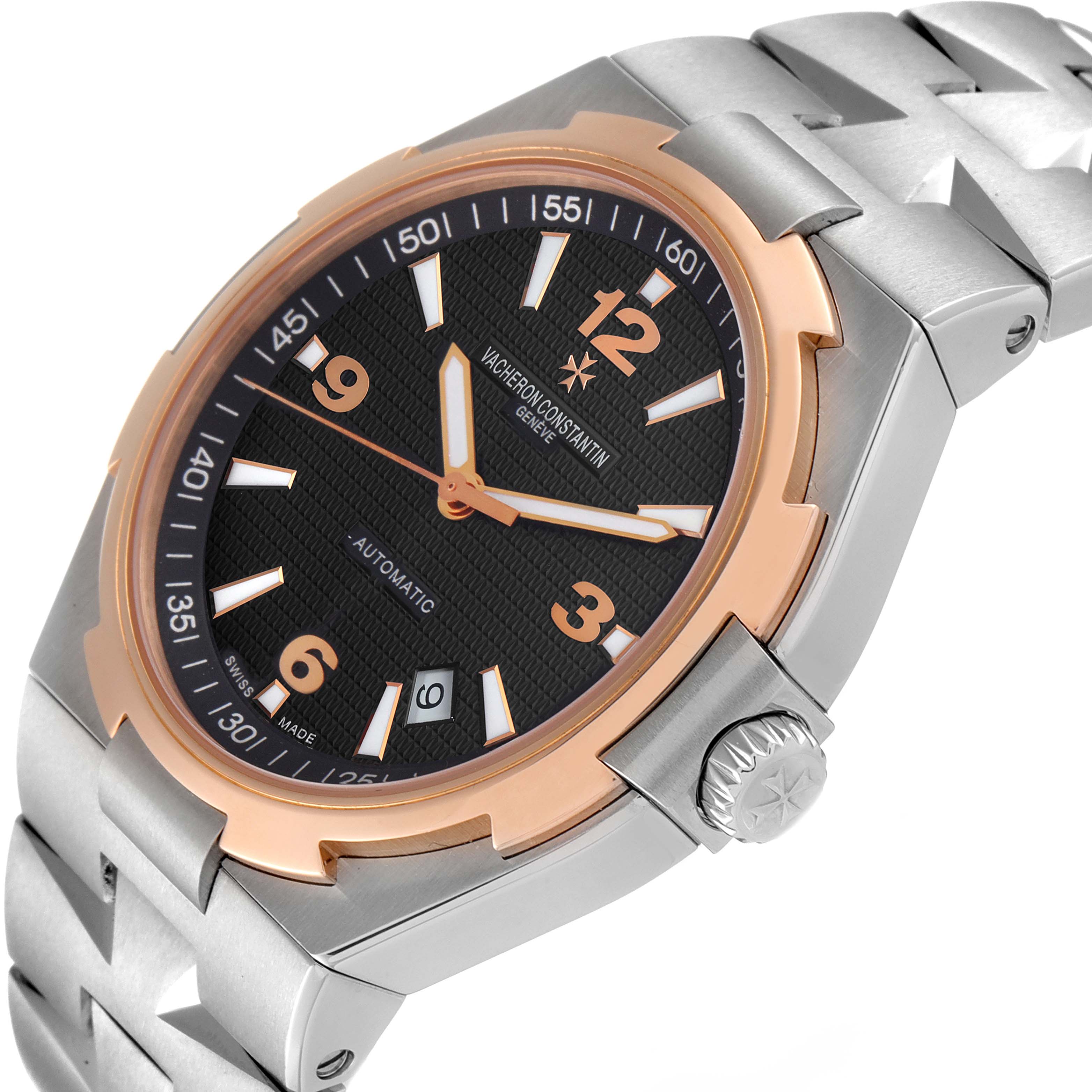 The Vacheron Constantin Overseas 47040/B01A-9094 Men's Stainless Steel Black Dial 47040/B01A-9094 Men's Stainless Steel Black Dial watch is shown at an angle highlighting the dial, crown, and part of the bracelet.