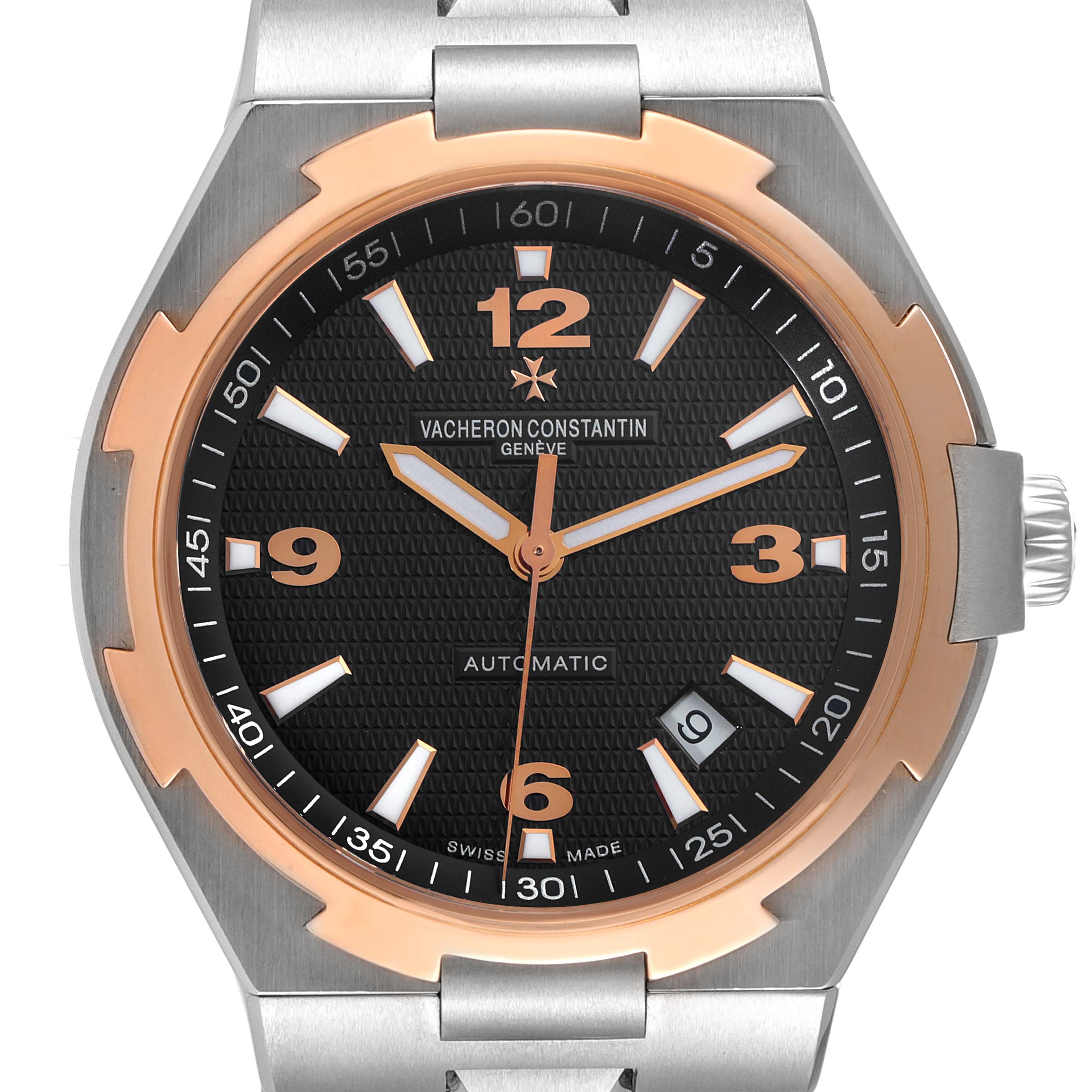 Front view of the Vacheron Constantin Overseas 47040/B01A-9094 Men's Stainless Steel Black Dial 47040/B01A-9094 Men's Stainless Steel Black Dial model, showing the dial, hands, bezel, and crown.