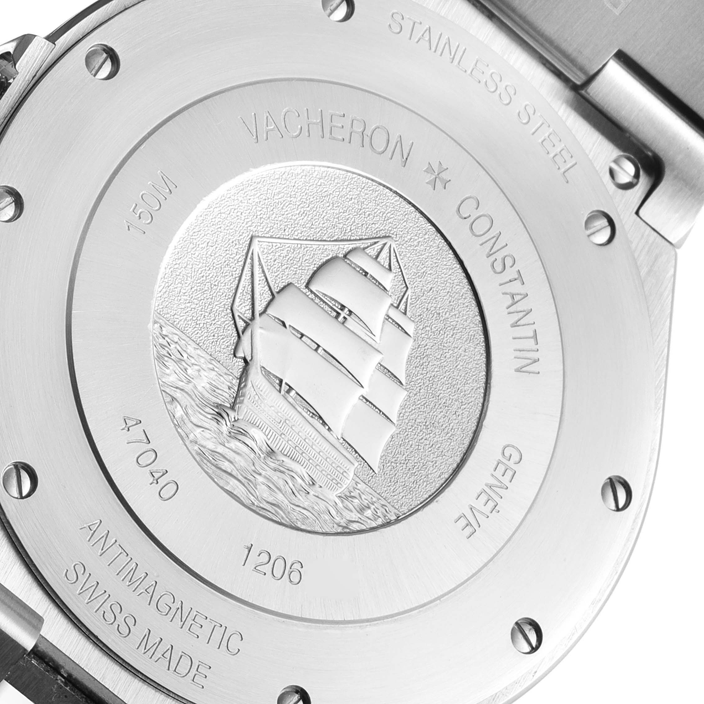 This image shows the engraved case back of the Vacheron Constantin Overseas 47040/B01A-9094 Men's Stainless Steel Black Dial 47040/B01A-9094 Men's Stainless Steel Black Dial model watch, highlighting its sailboat design and inscriptions.