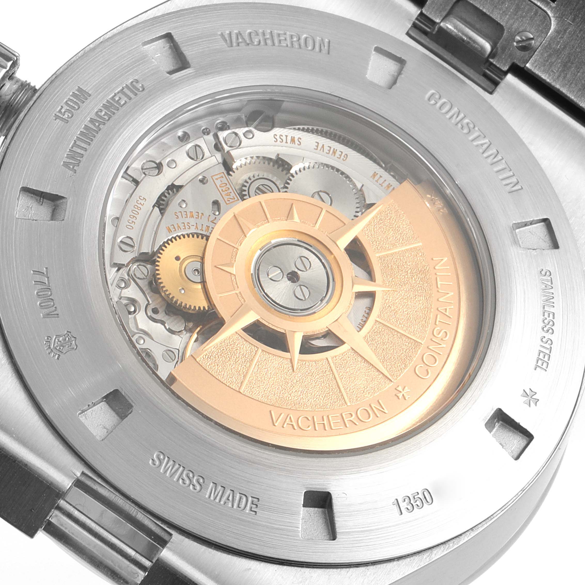 This image shows the case back of a Vacheron Constantin Overseas 7700V/110A-B172 Men
s Stainless Steel Blue Dial 7700V/110A-B172 Men
s Stainless Steel Blue Dial watch, revealing the movement and rotor.