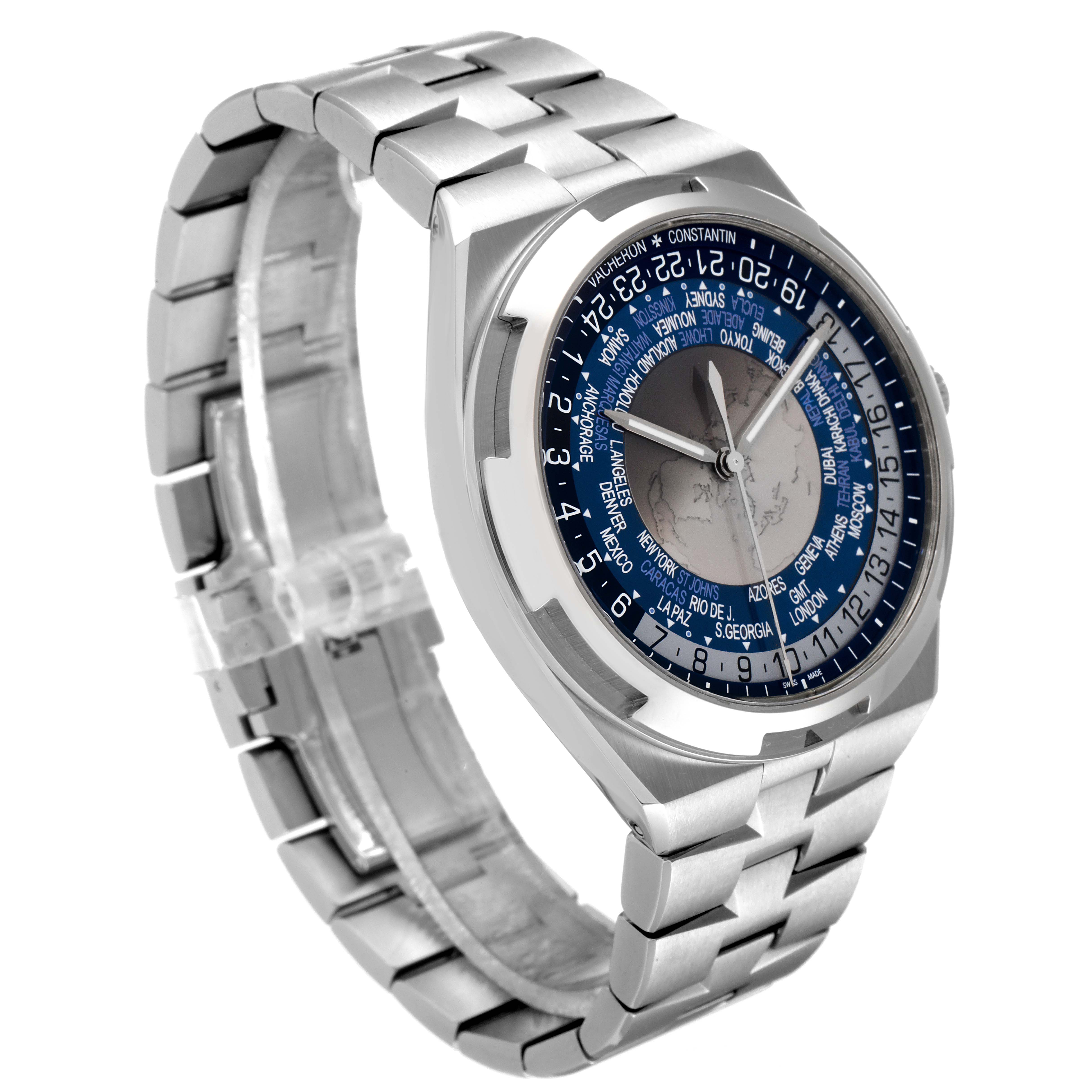 The image shows a Vacheron Constantin Overseas 7700V/110A-B172 Men
s Stainless Steel Blue Dial 7700V/110A-B172 Men
s Stainless Steel Blue Dial watch at a three-quarter angle, highlighting its dial and metal bracelet.