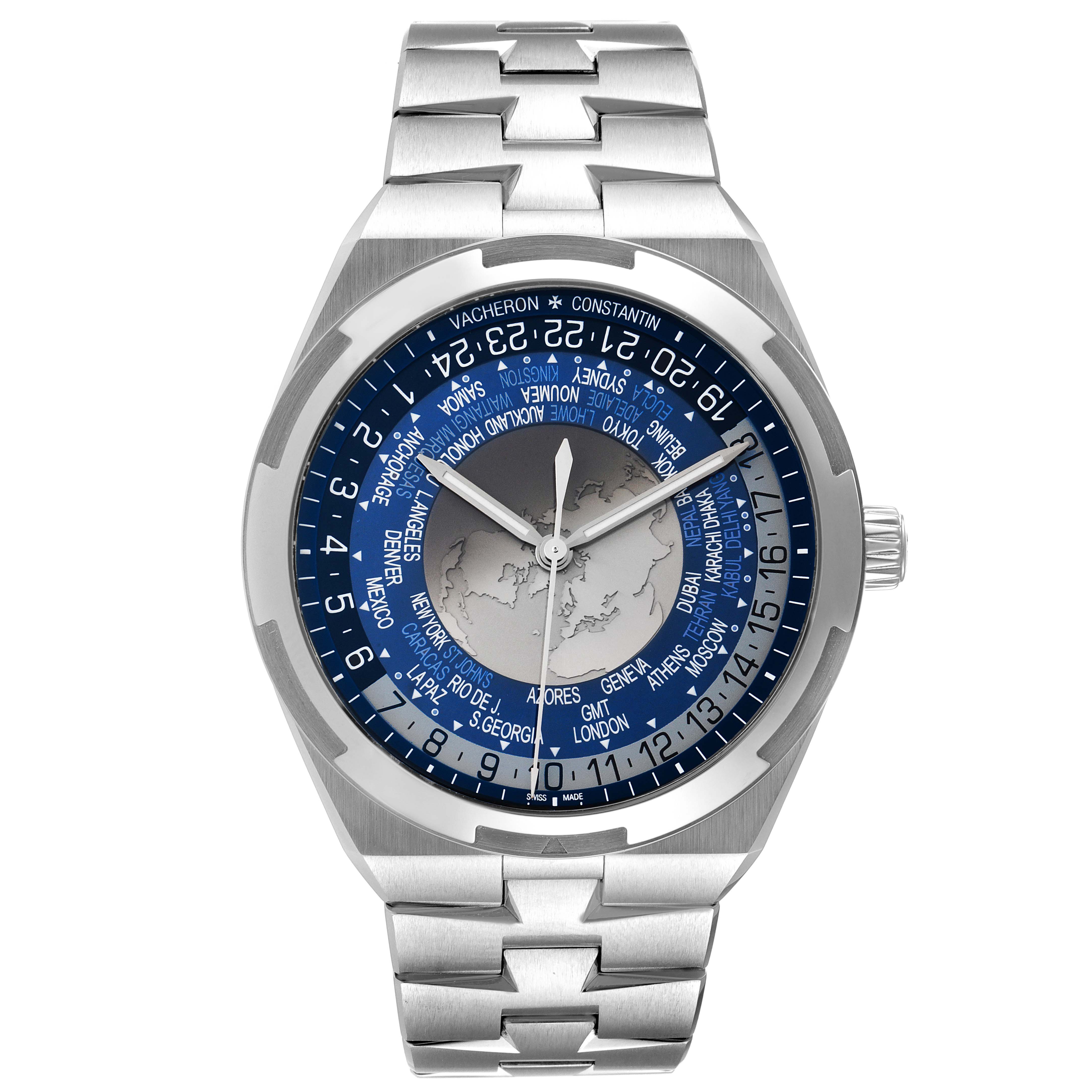 The Vacheron Constantin Overseas 7700V/110A-B172 Men
s Stainless Steel Blue Dial 7700V/110A-B172 Men
s Stainless Steel Blue Dial watch is shown from a front angle, displaying its face, dial, bracelet, and bezel.