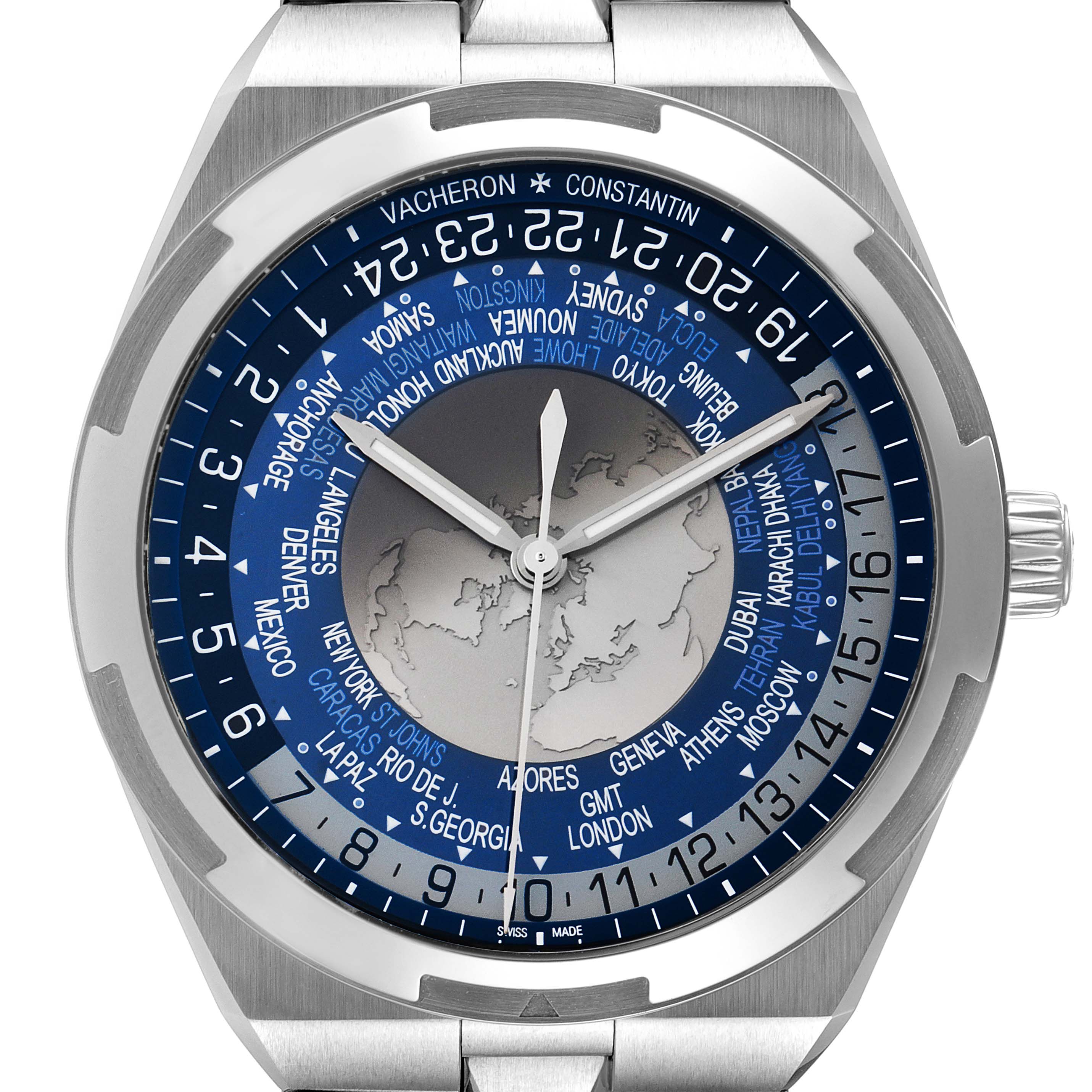 This image shows a close-up view of the dial of the Vacheron Constantin Overseas 7700V/110A-B172 Men
s Stainless Steel Blue Dial 7700V/110A-B172 Men
s Stainless Steel Blue Dial model watch, displaying world time zones.