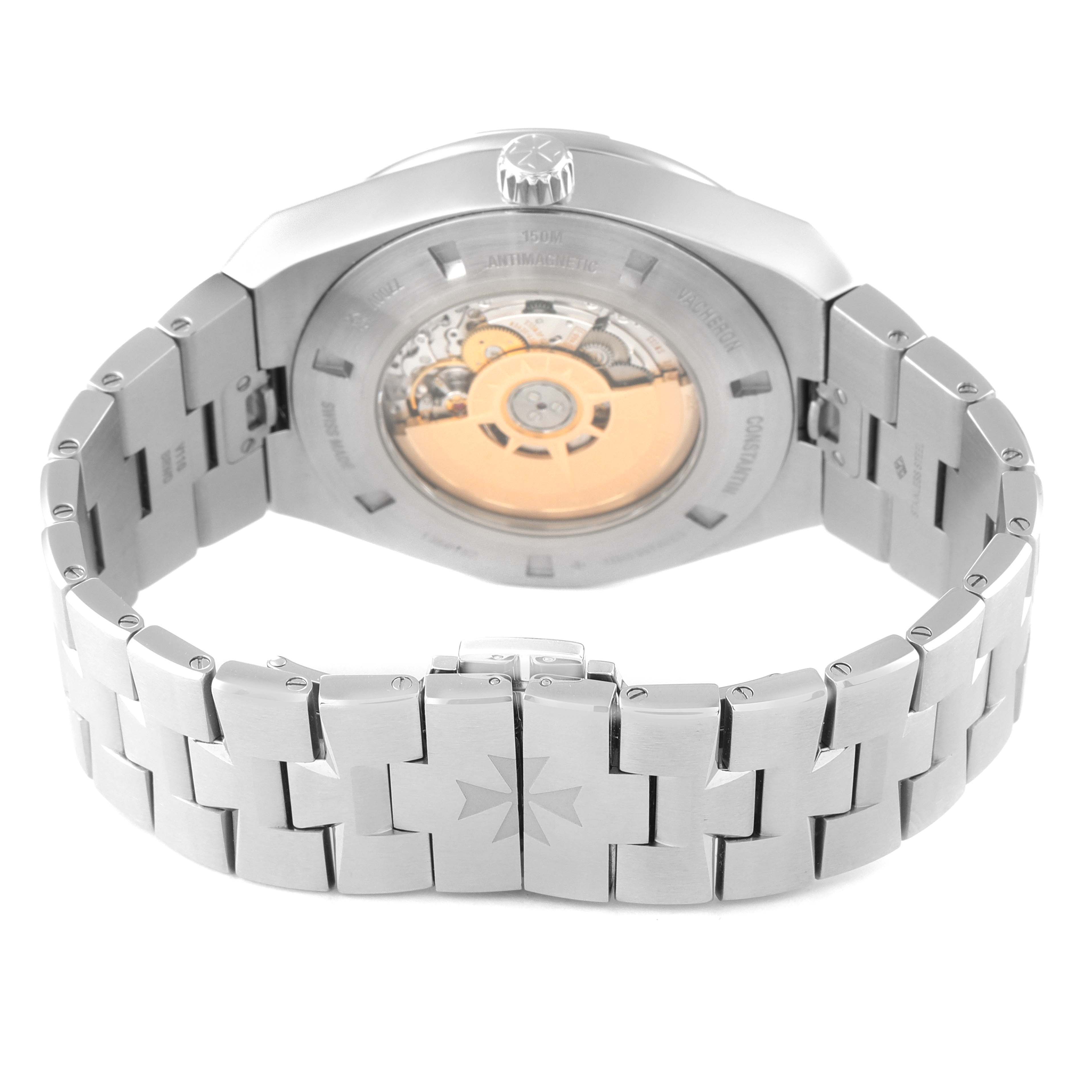 The image shows the back view of the Vacheron Constantin Overseas 7700V/110A-B172 Men
s Stainless Steel Blue Dial 7700V/110A-B172 Men
s Stainless Steel Blue Dial watch, highlighting the case back and bracelet.