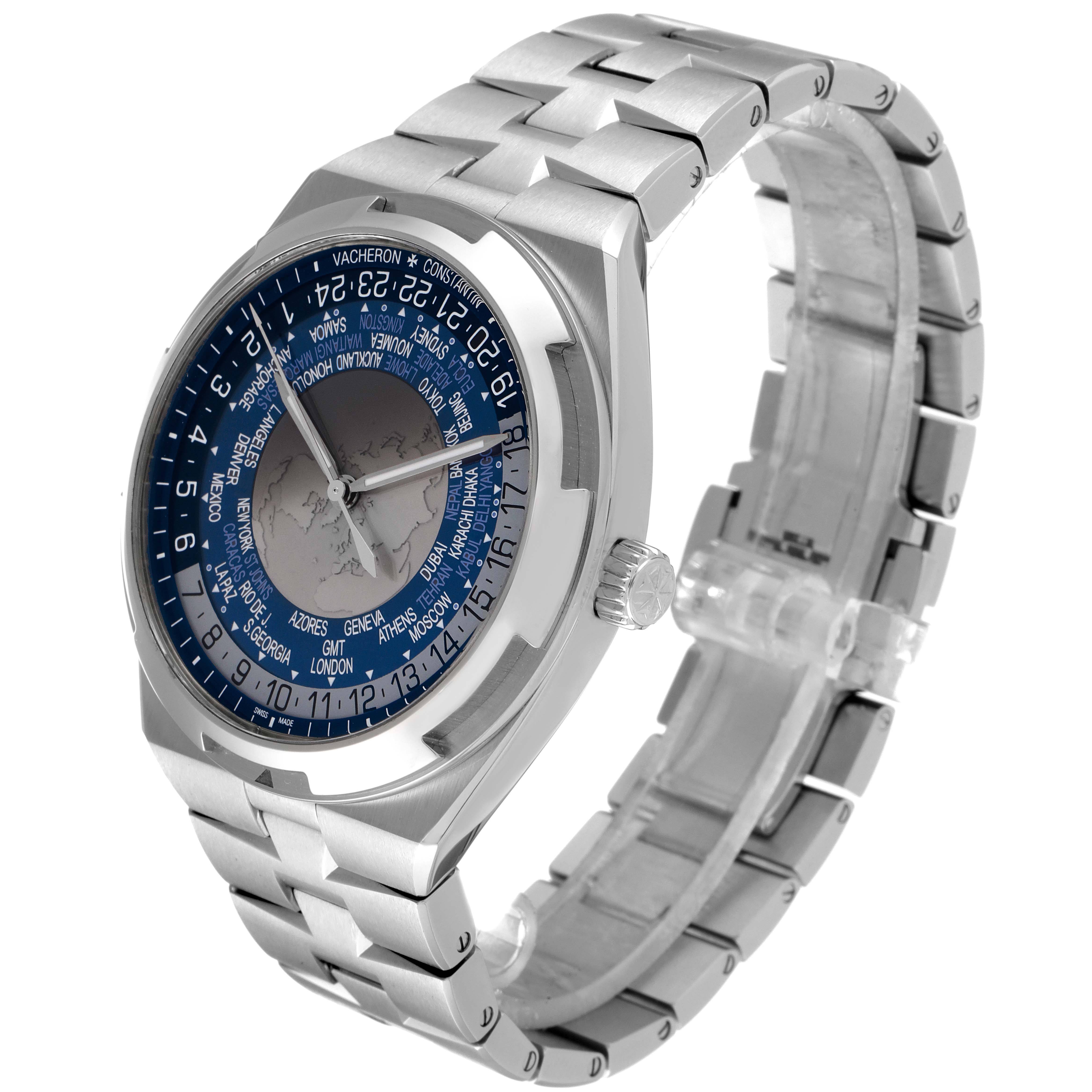 The image shows a Vacheron Constantin Overseas 7700V/110A-B172 Men
s Stainless Steel Blue Dial 7700V/110A-B172 Men
s Stainless Steel Blue Dial model watch at a three-quarter angle, focusing on the dial and bracelet.