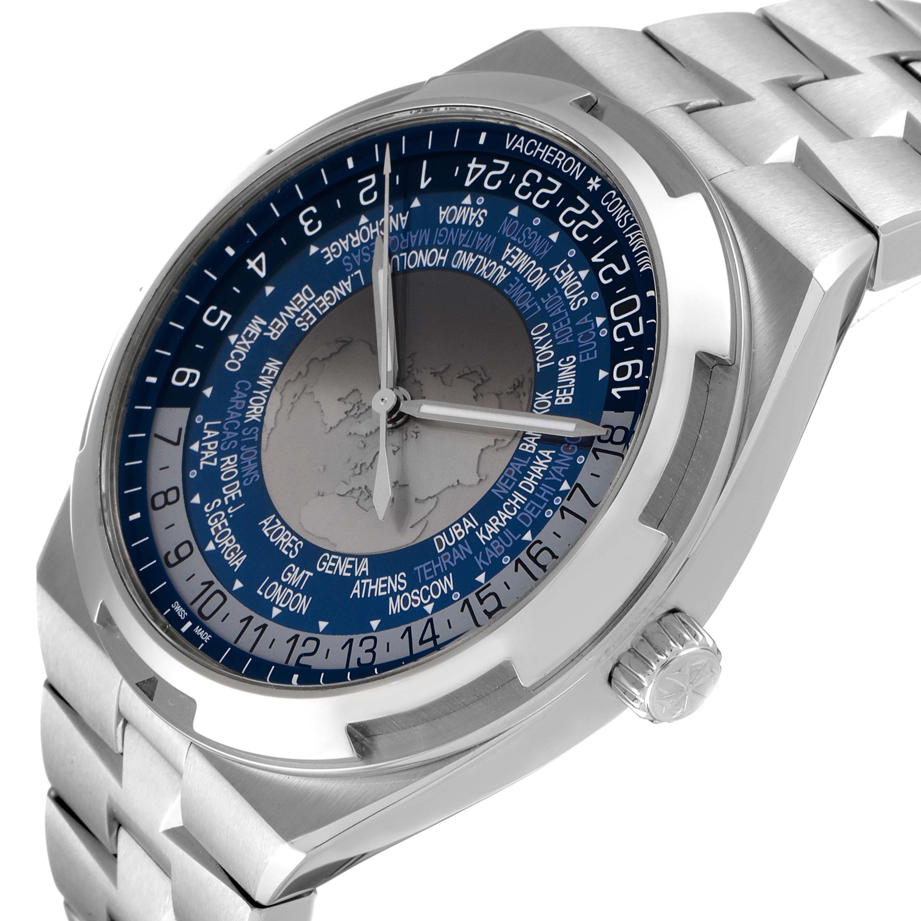 This image shows the Vacheron Constantin Overseas 7700V/110A-B172 Men
s Stainless Steel Blue Dial 7700V/110A-B172 Men
s Stainless Steel Blue Dial model watch angled to display the dial, bezel, bracelet, and crown.