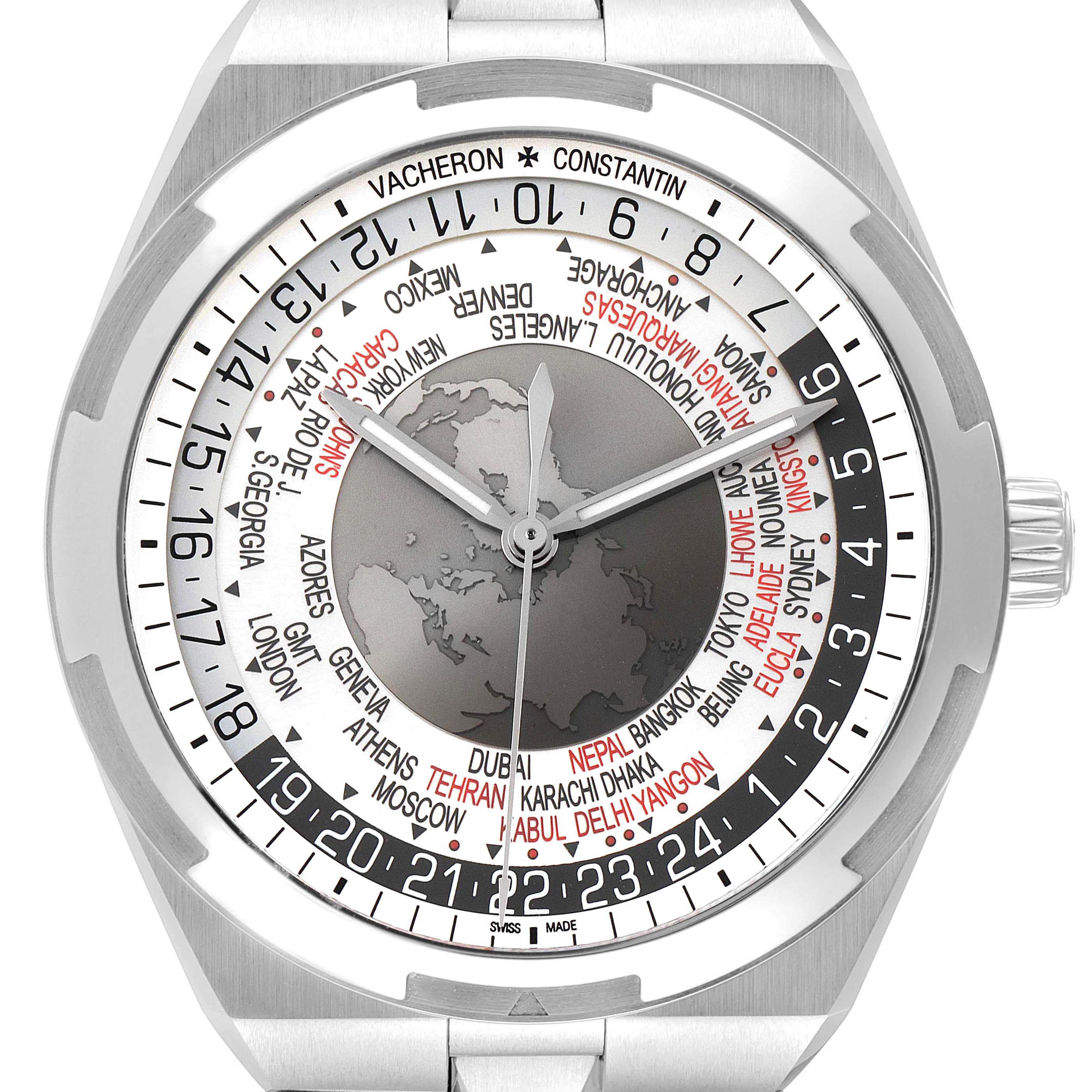 The image shows a front close-up view of a Vacheron Constantin Overseas 7700V/110A-B129 Men's Stainless Steel Silver Dial 7700V/110A-B129 Men's Stainless Steel Silver Dial model watch, highlighting the dial with global time zones and the bezel.