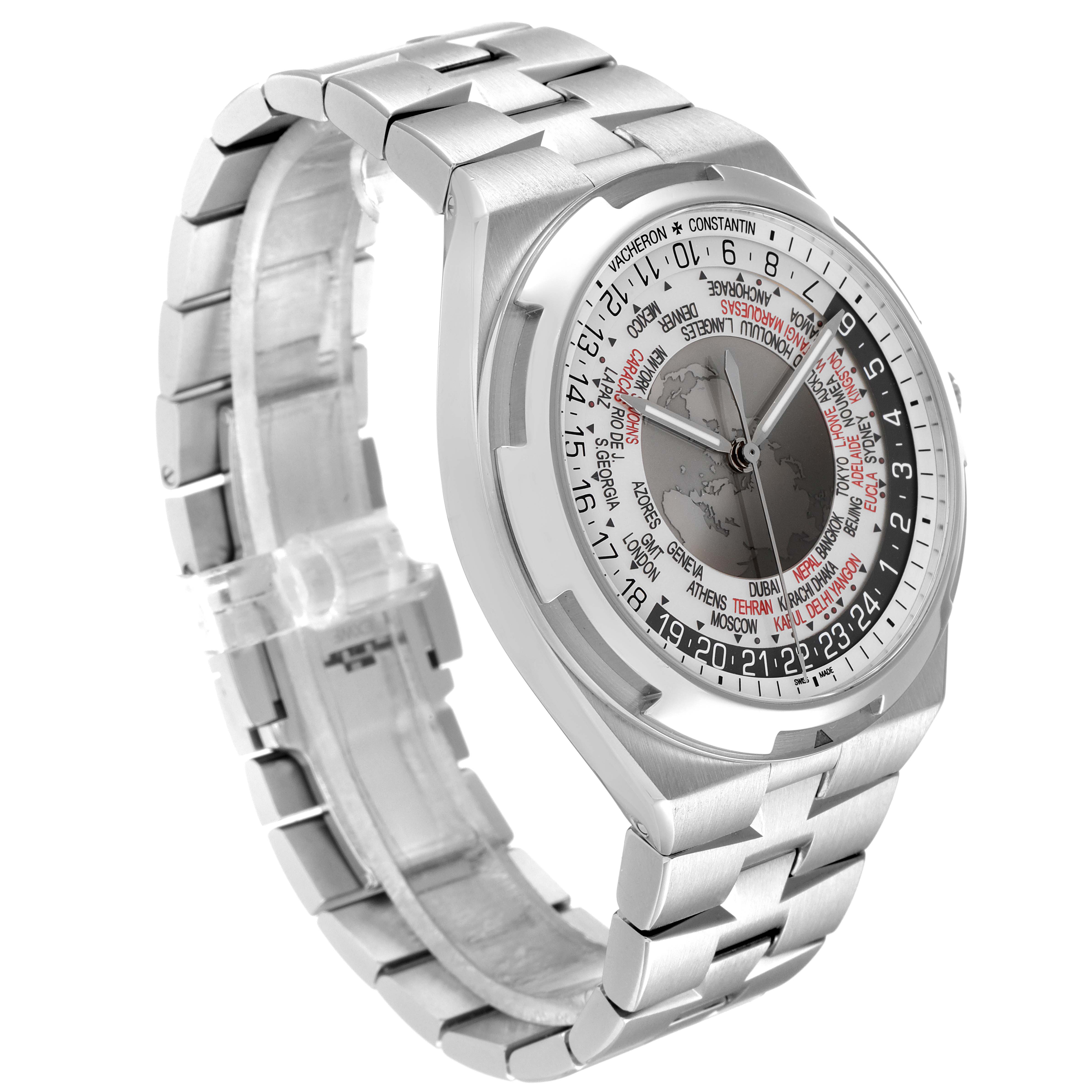 The Vacheron Constantin Overseas 7700V/110A-B129 Men's Stainless Steel Silver Dial 7700V/110A-B129 Men's Stainless Steel Silver Dial watch is shown at an angle, displaying the dial, bezel, and stainless steel bracelet.