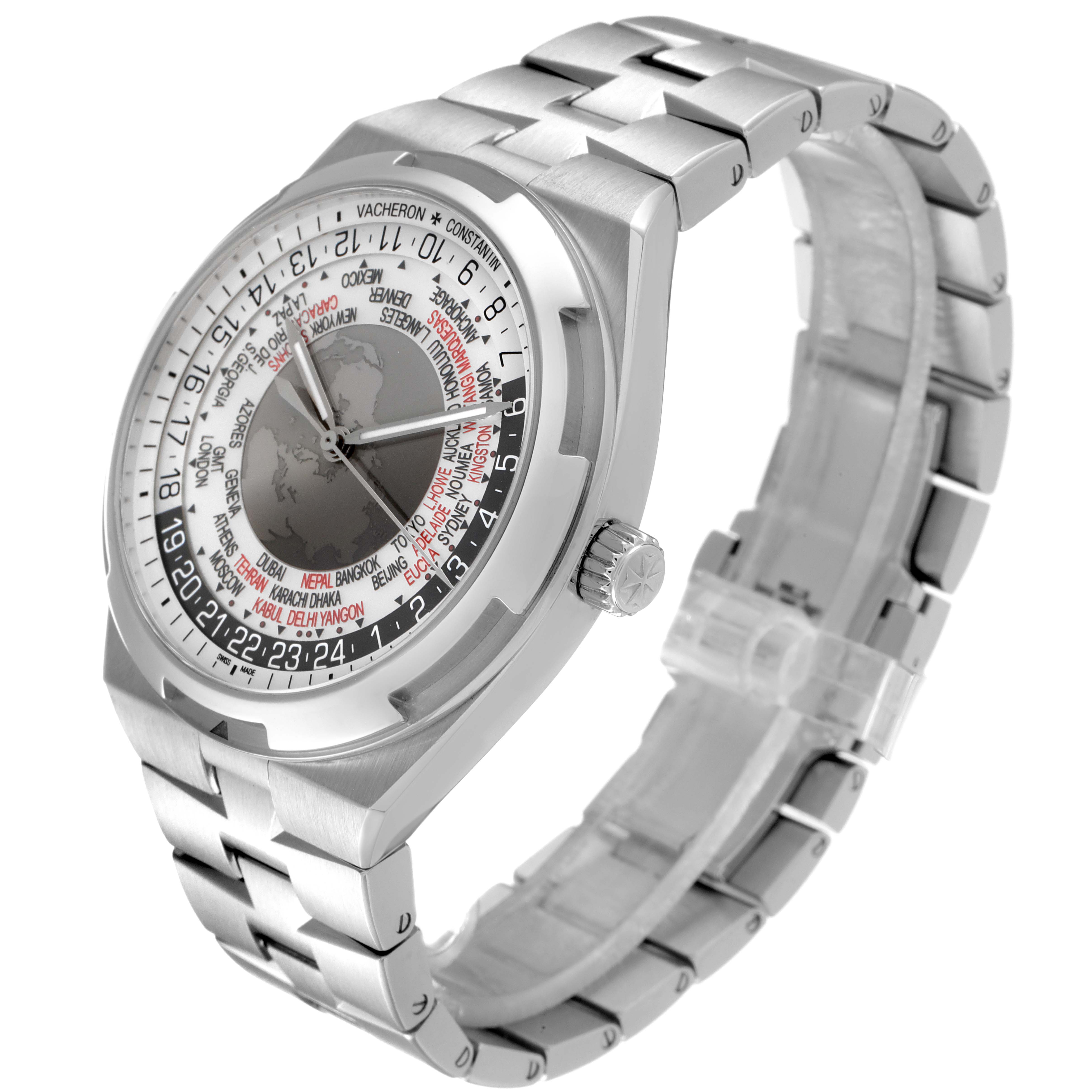 The image shows the Vacheron Constantin Overseas 7700V/110A-B129 Men's Stainless Steel Silver Dial 7700V/110A-B129 Men's Stainless Steel Silver Dial watch at a three-quarter angle, highlighting the dial, bezel, crown, and bracelet.