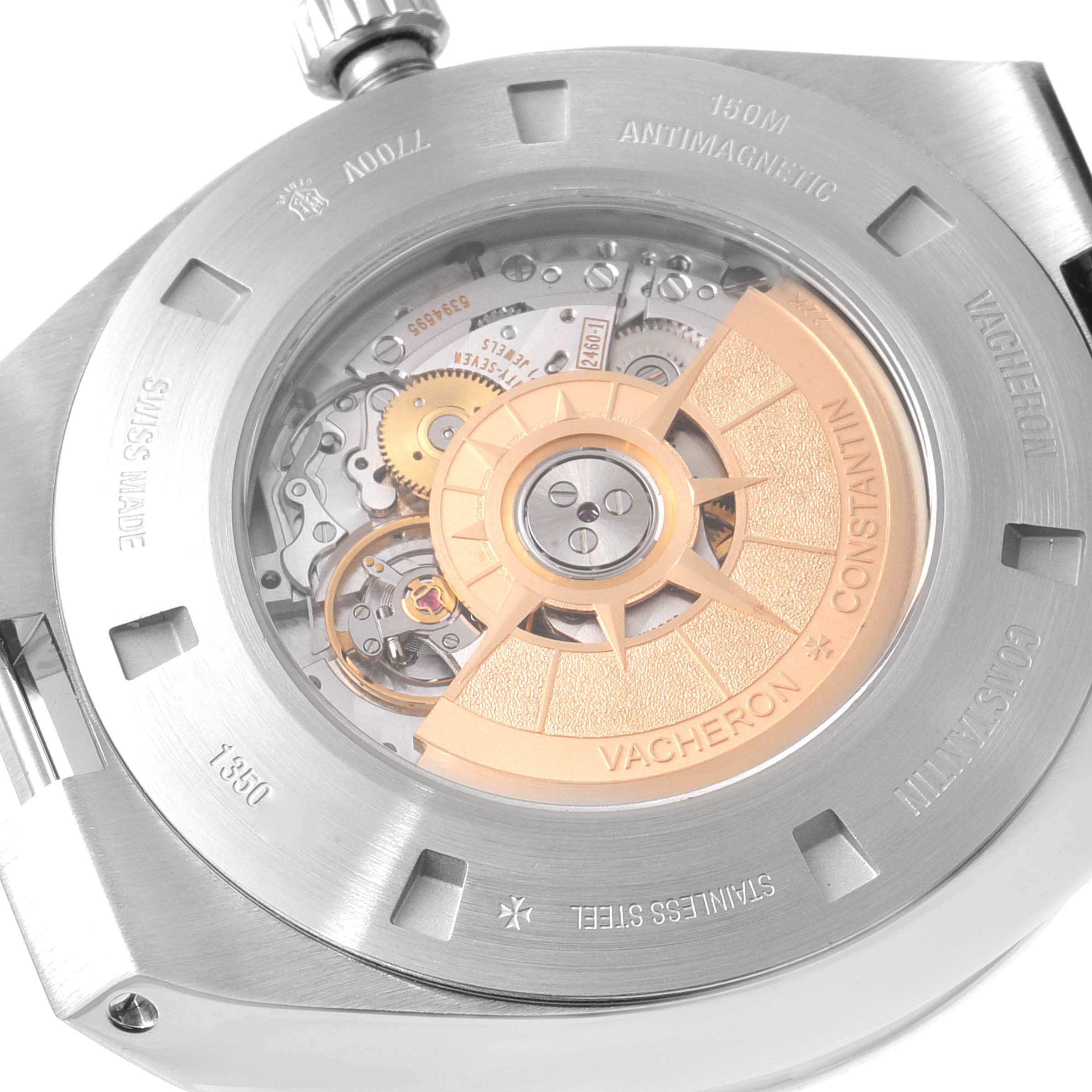 This image shows the back of a Vacheron Constantin Overseas 7700V/110A-B129 Men's Stainless Steel Silver Dial 7700V/110A-B129 Men's Stainless Steel Silver Dial model watch, highlighting its exposed automatic movement.