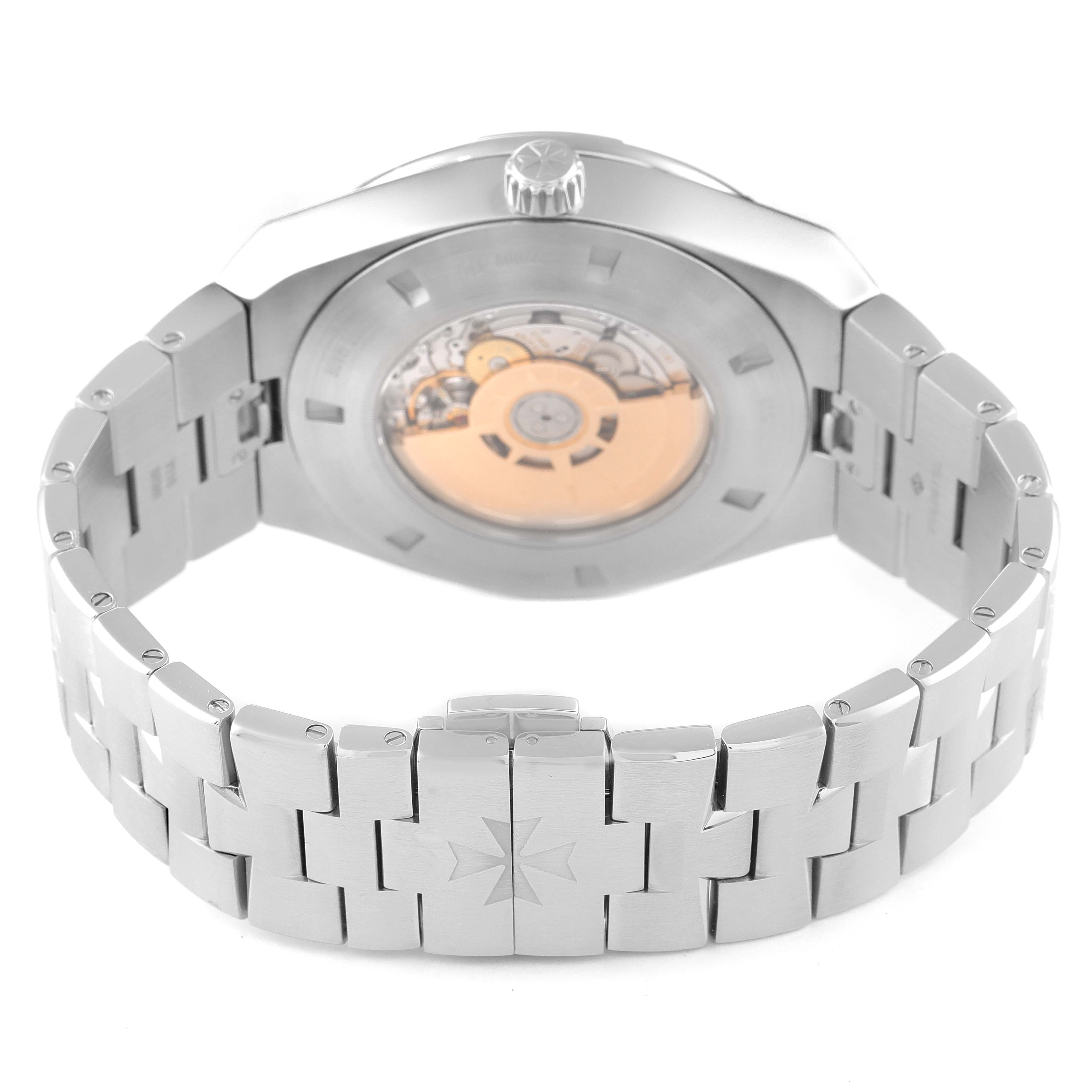 This image shows the back view of the Vacheron Constantin Overseas 7700V/110A-B129 Men's Stainless Steel Silver Dial 7700V/110A-B129 Men's Stainless Steel Silver Dial model watch, highlighting the bracelet and caseback.