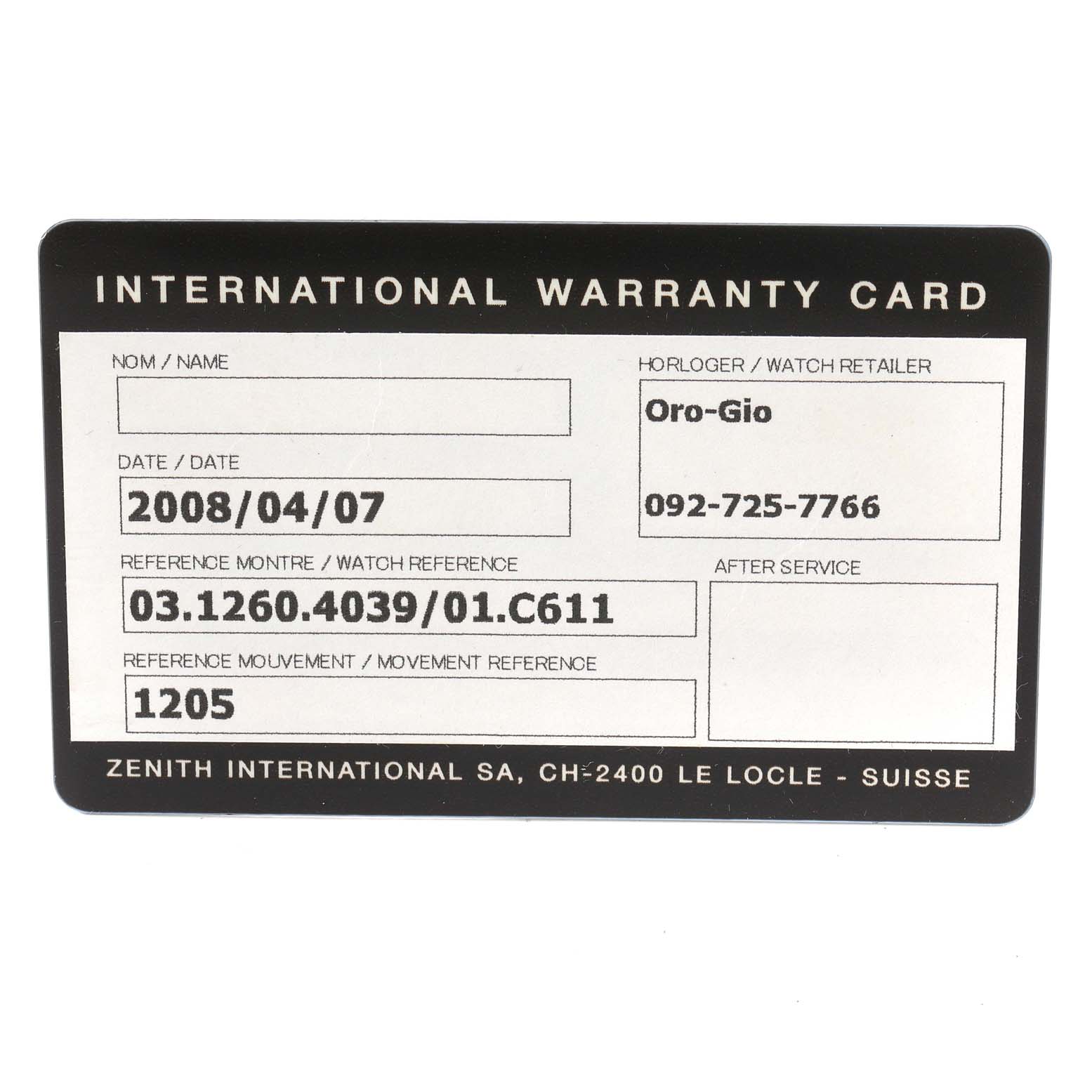 This image shows the international warranty card for the Zenith Chronomaster 03.1260.4039/01C Men's Stainless Steel Silver Dial 03.1260.4039/01C Men's Stainless Steel Silver Dial watch model.