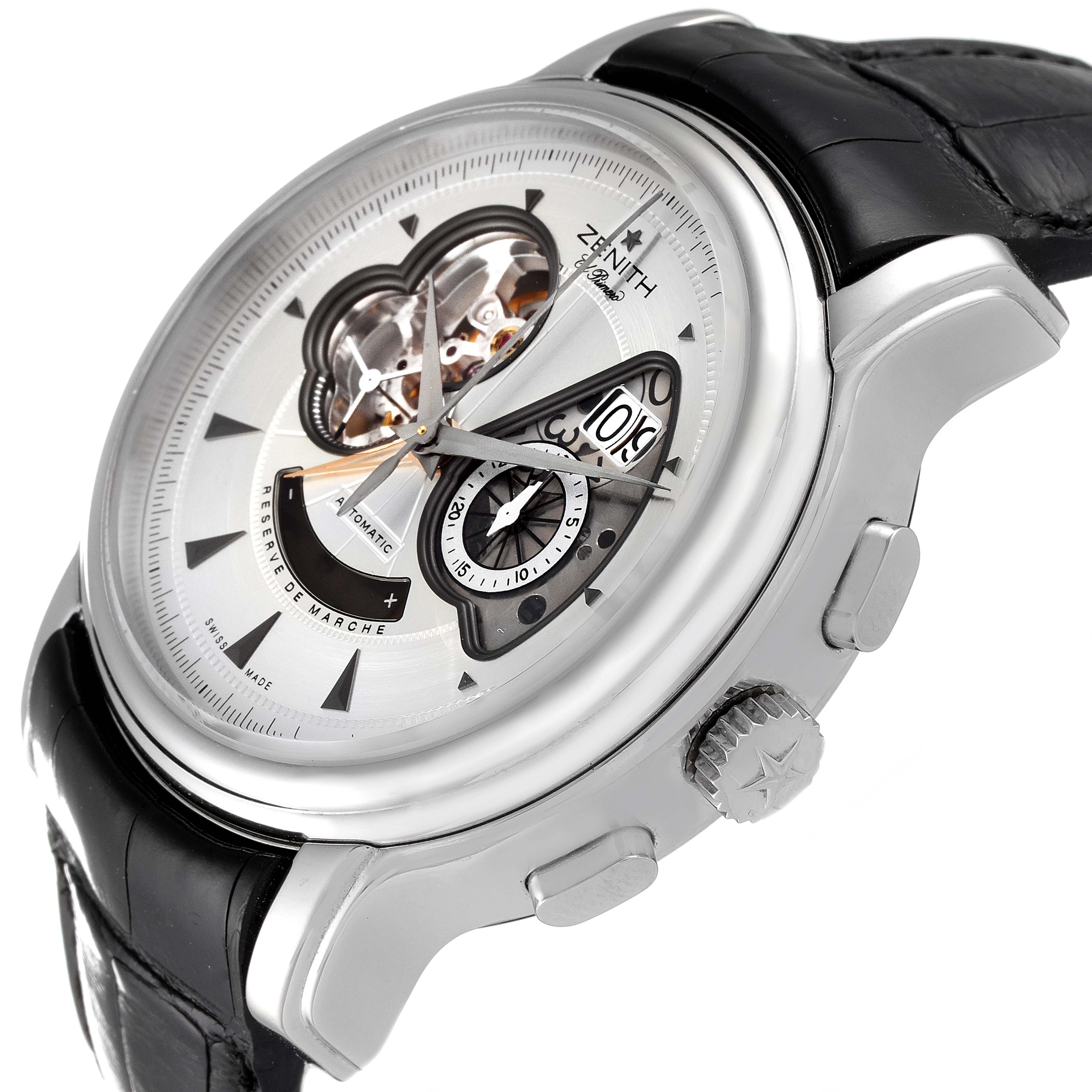 The image shows a Zenith Chronomaster 03.1260.4039/01C Men's Stainless Steel Silver Dial 03.1260.4039/01C Men's Stainless Steel Silver Dial watch at a slightly tilted angle, highlighting the face, case, crown, and pushers.