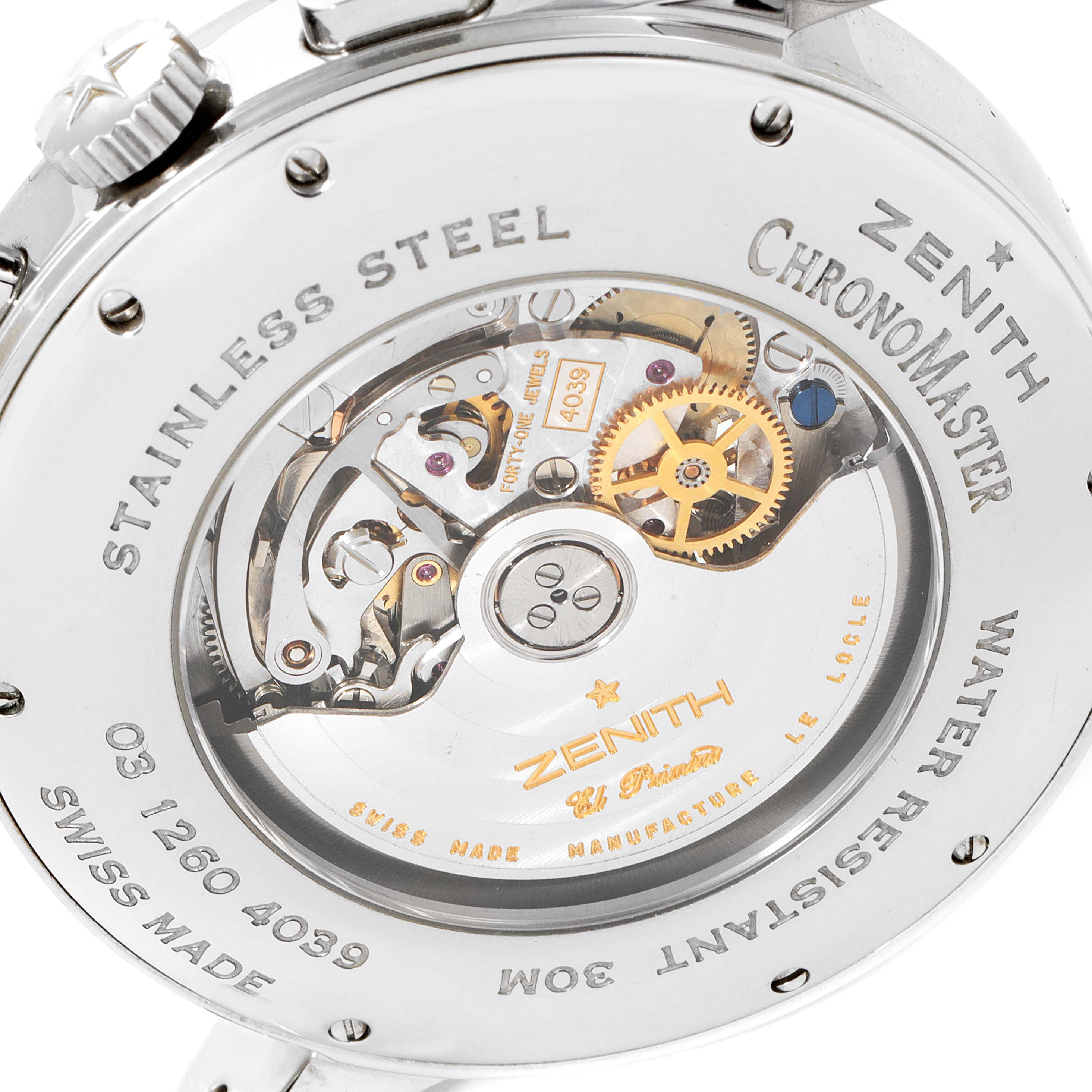 The image shows the back view of a Zenith Chronomaster 03.1260.4039/01C Men's Stainless Steel Silver Dial 03.1260.4039/01C Men's Stainless Steel Silver Dial watch, highlighting its mechanical movement and "stainless steel" engraving.