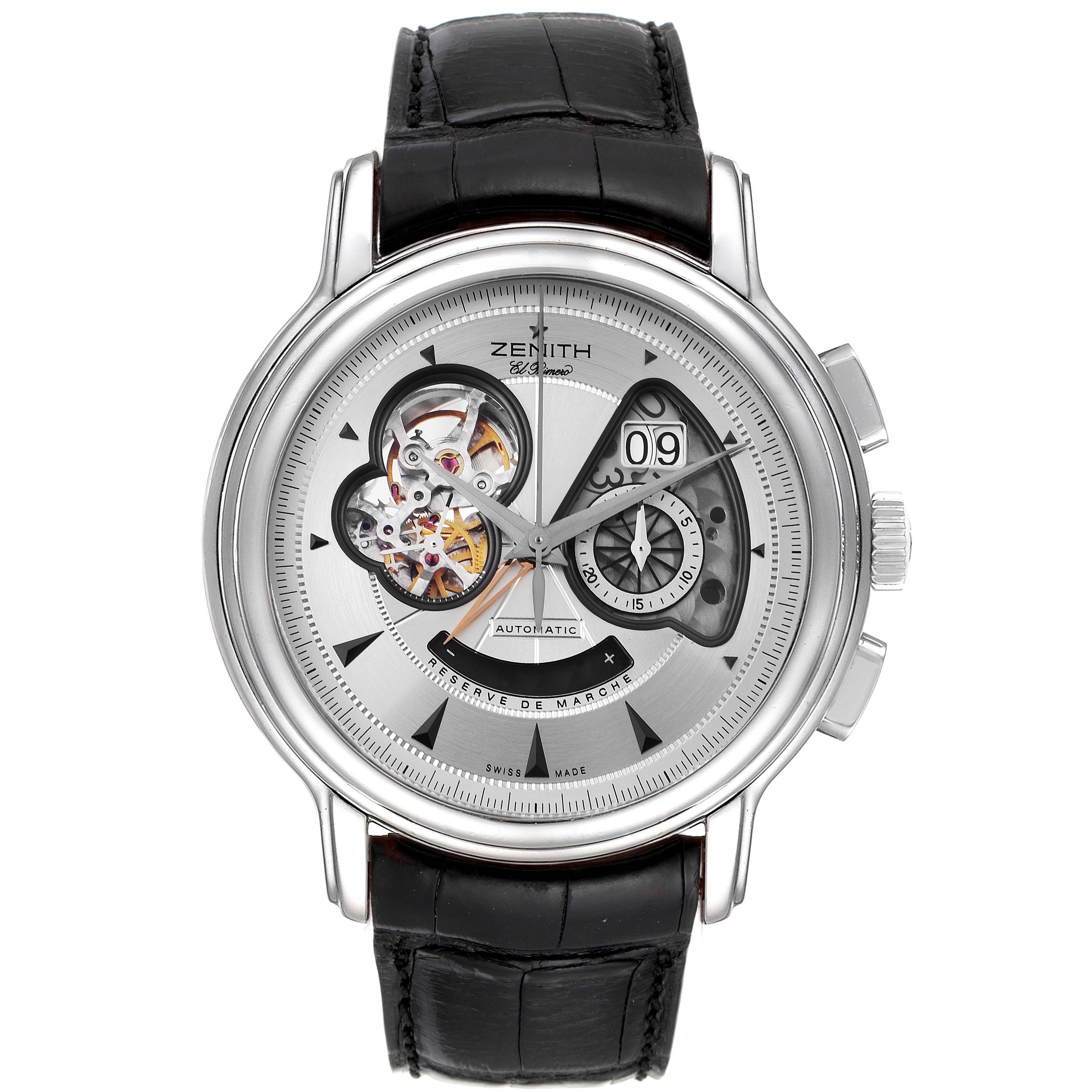 The image shows a front view of a Zenith Chronomaster 03.1260.4039/01C Men's Stainless Steel Silver Dial 03.1260.4039/01C Men's Stainless Steel Silver Dial watch with its dial, hands, and leather strap visible.