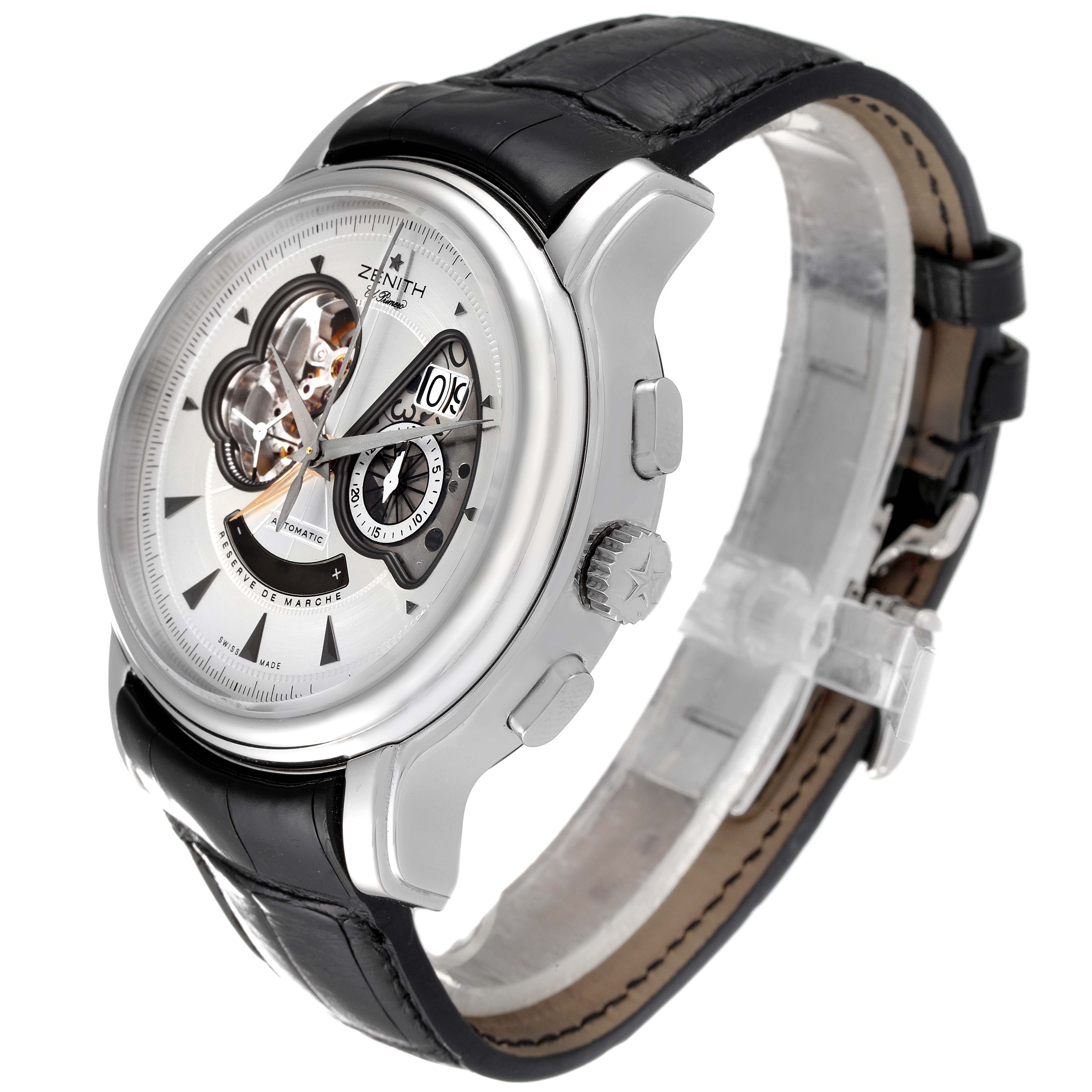 The Zenith Chronomaster 03.1260.4039/01C Men's Stainless Steel Silver Dial 03.1260.4039/01C Men's Stainless Steel Silver Dial watch is shown at a three-quarter angle, highlighting the face, side buttons, and black leather strap.