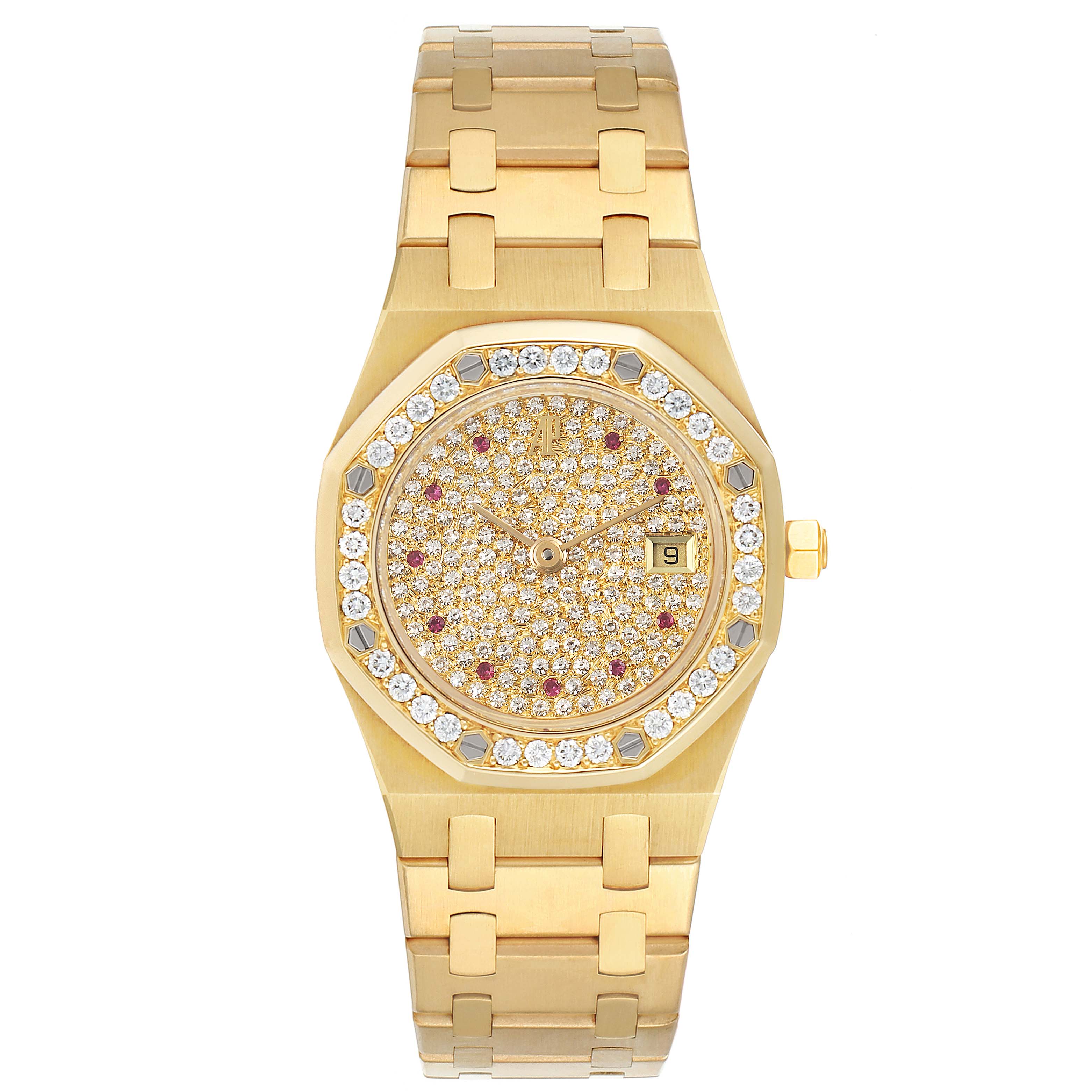 This Audemars Piguet Royal Oak 14587BA.Z.0902BA.01 Women
s Yellow Gold Champagne Dial 14587BA.Z.0902BA.01 Women
s Yellow Gold Champagne Dial watch is shown from a top-down angle, displaying its bracelet, bezel, and diamond-encrusted dial.