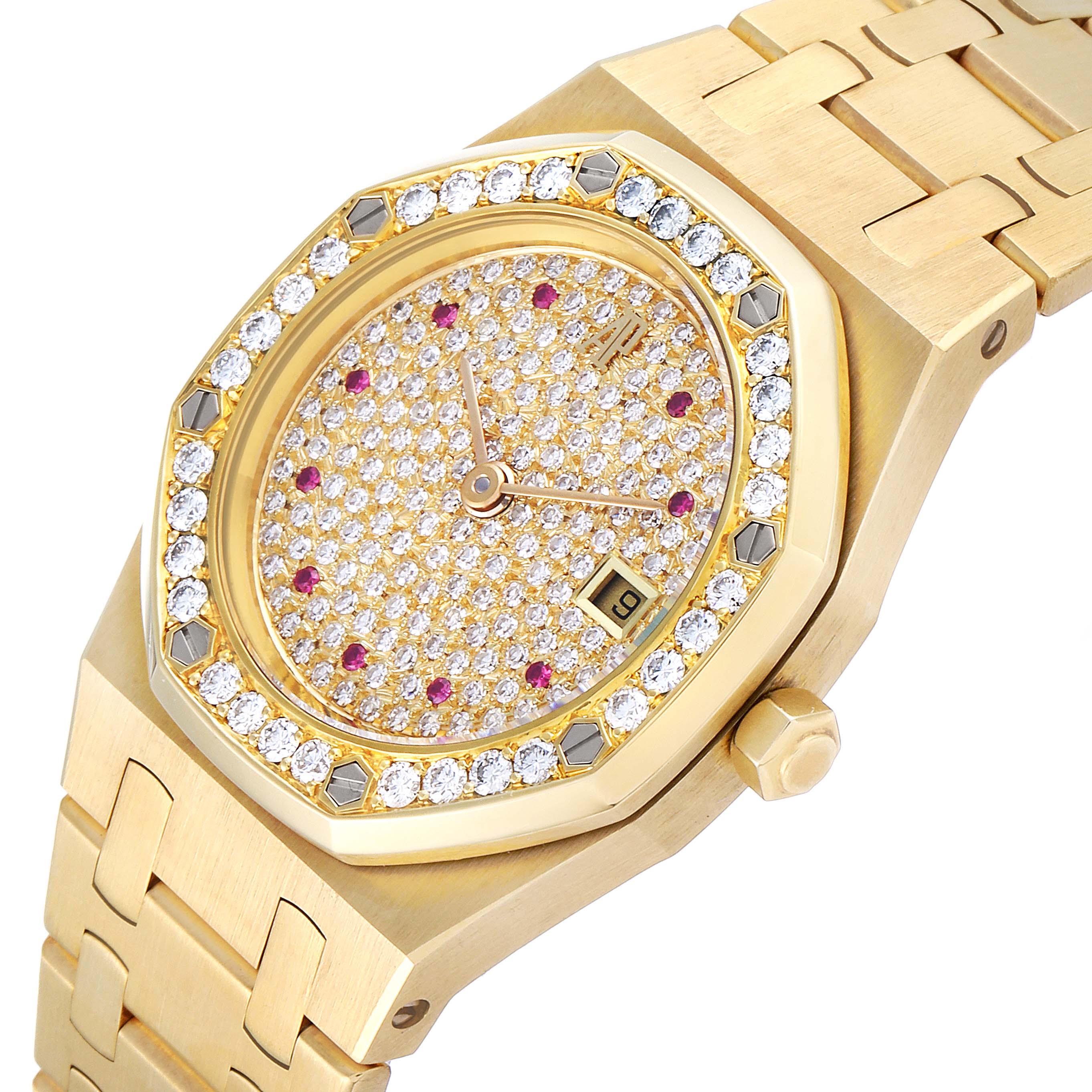 This Audemars Piguet Royal Oak 14587BA.Z.0902BA.01 Women
s Yellow Gold Champagne Dial 14587BA.Z.0902BA.01 Women
s Yellow Gold Champagne Dial watch is shown from a close-up angle, highlighting its gold bracelet, diamond-encrusted bezel, and dial with a date display.