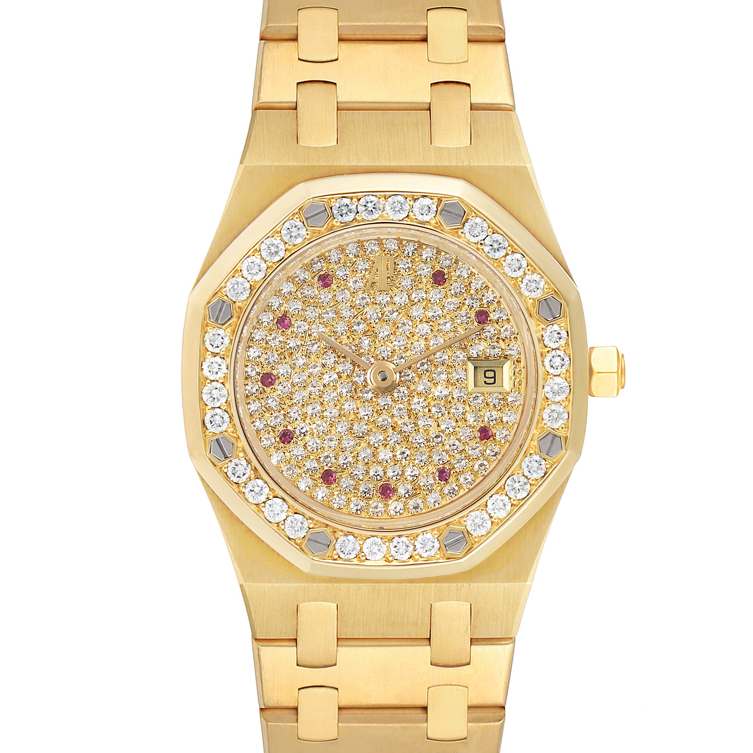 The image shows a frontal view of the Audemars Piguet Royal Oak 14587BA.Z.0902BA.01 Women
s Yellow Gold Champagne Dial 14587BA.Z.0902BA.01 Women
s Yellow Gold Champagne Dial watch with a gold bracelet, diamond-set bezel, and diamond-encrusted dial.