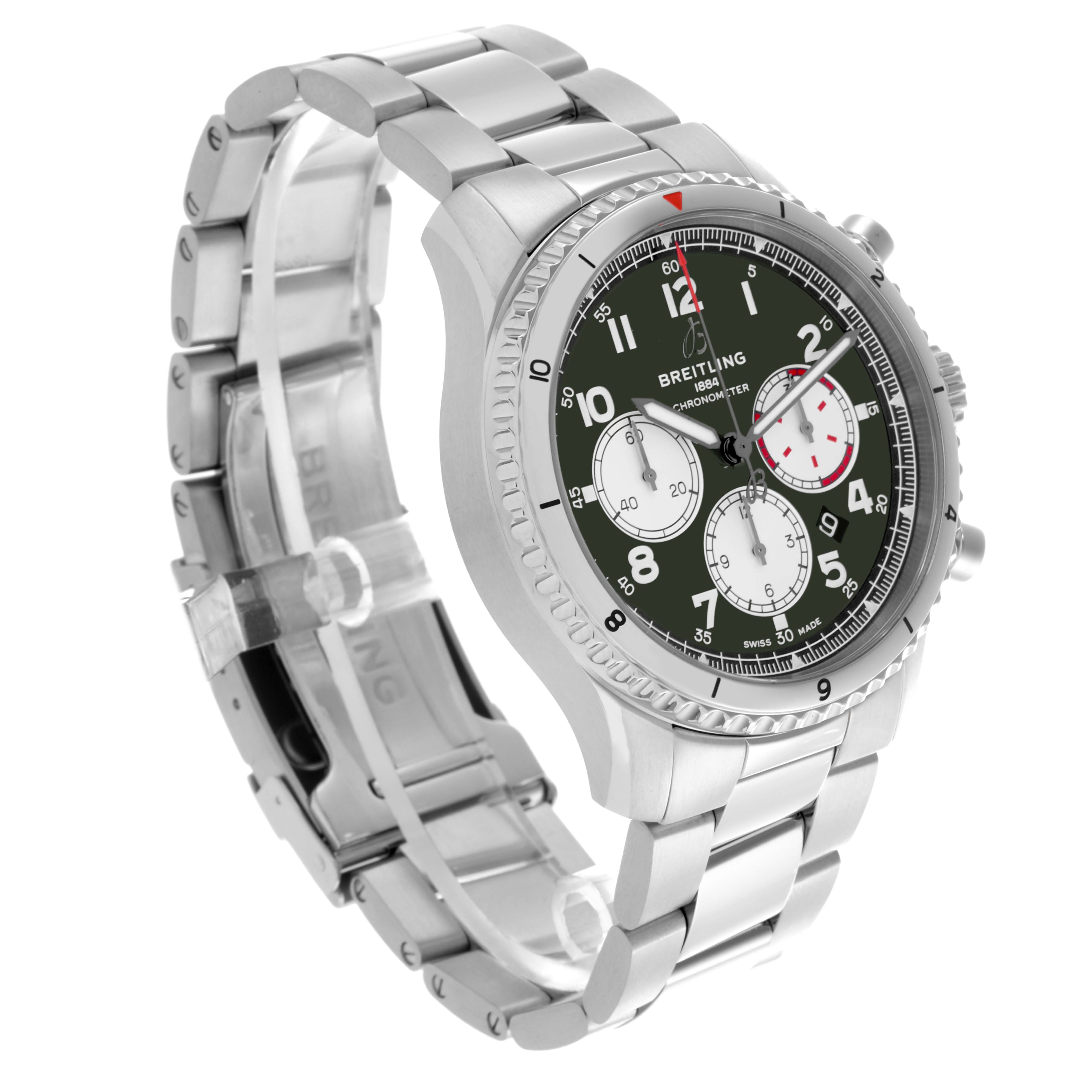 The Breitling Aviator AB01192A1L1A1 Men's Stainless Steel Green Dial AB01192A1L1A1 Men's Stainless Steel Green Dial watch is shown at a three-quarter angle, showcasing the dial, bezel, and metal bracelet.