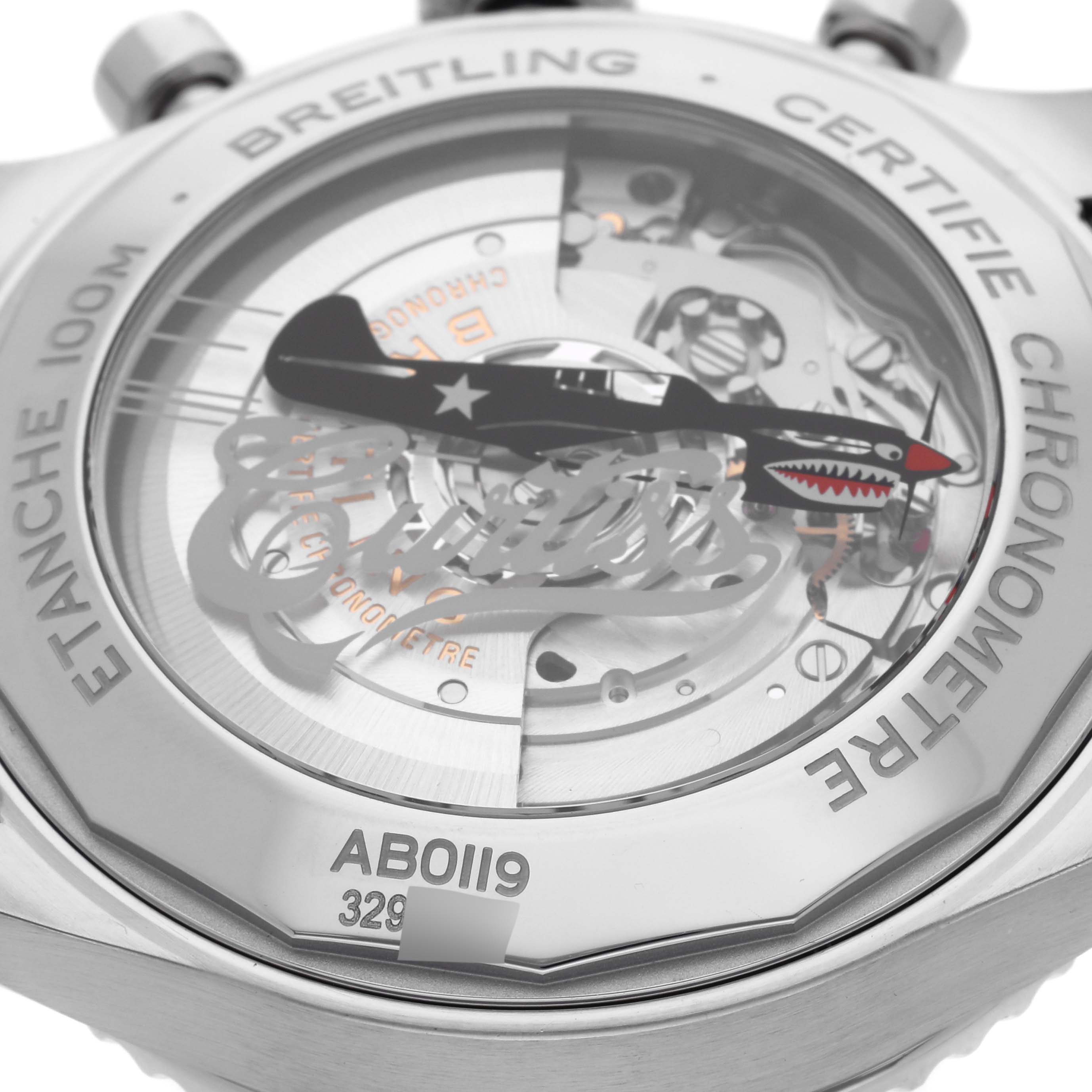 The Breitling Aviator AB01192A1L1A1 Men's Stainless Steel Green Dial AB01192A1L1A1 Men's Stainless Steel Green Dial watch is shown from the back, highlighting the transparent case back and movement details.