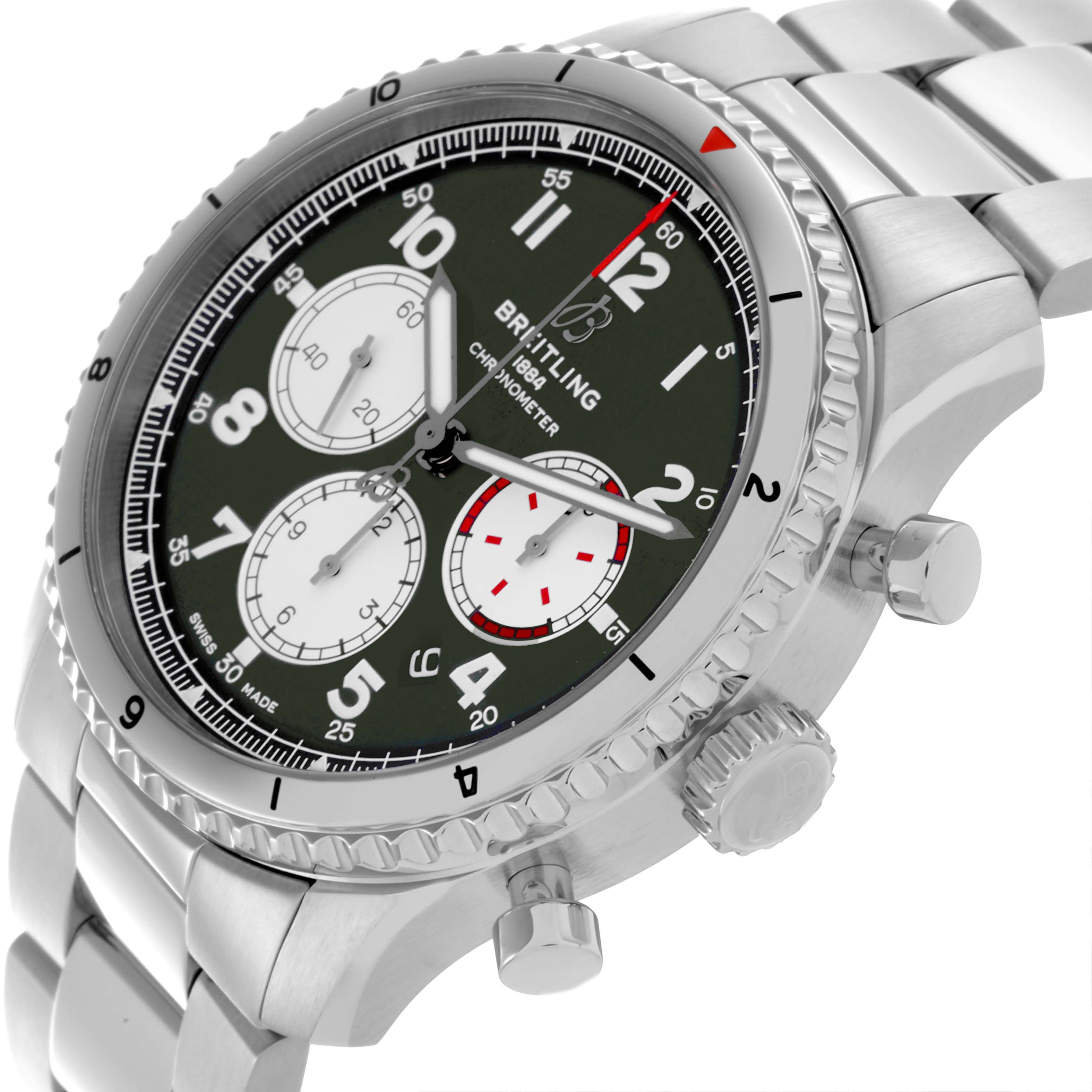 The Breitling Aviator AB01192A1L1A1 Men's Stainless Steel Green Dial AB01192A1L1A1 Men's Stainless Steel Green Dial watch is shown at a side angle, highlighting the case, bezel, dial, crown, and bracelet.