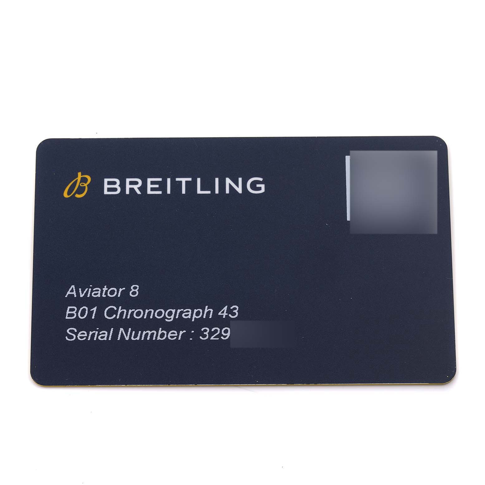 The image shows a Breitling Aviator AB01192A1L1A1 Men's Stainless Steel Green Dial AB01192A1L1A1 Men's Stainless Steel Green Dial 8 watch's authenticity card, displaying the model and serial number.