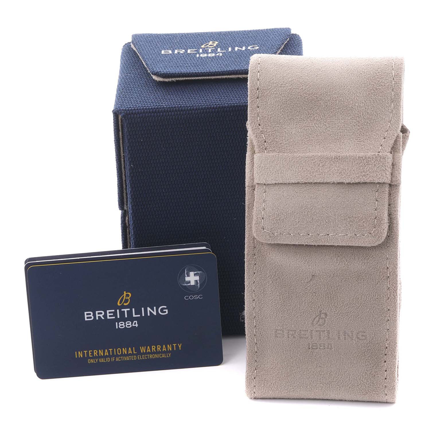 The image shows accessories for the Breitling Aviator AB01192A1L1A1 Men's Stainless Steel Green Dial AB01192A1L1A1 Men's Stainless Steel Green Dial model, including a box, a suede pouch, and warranty cards.