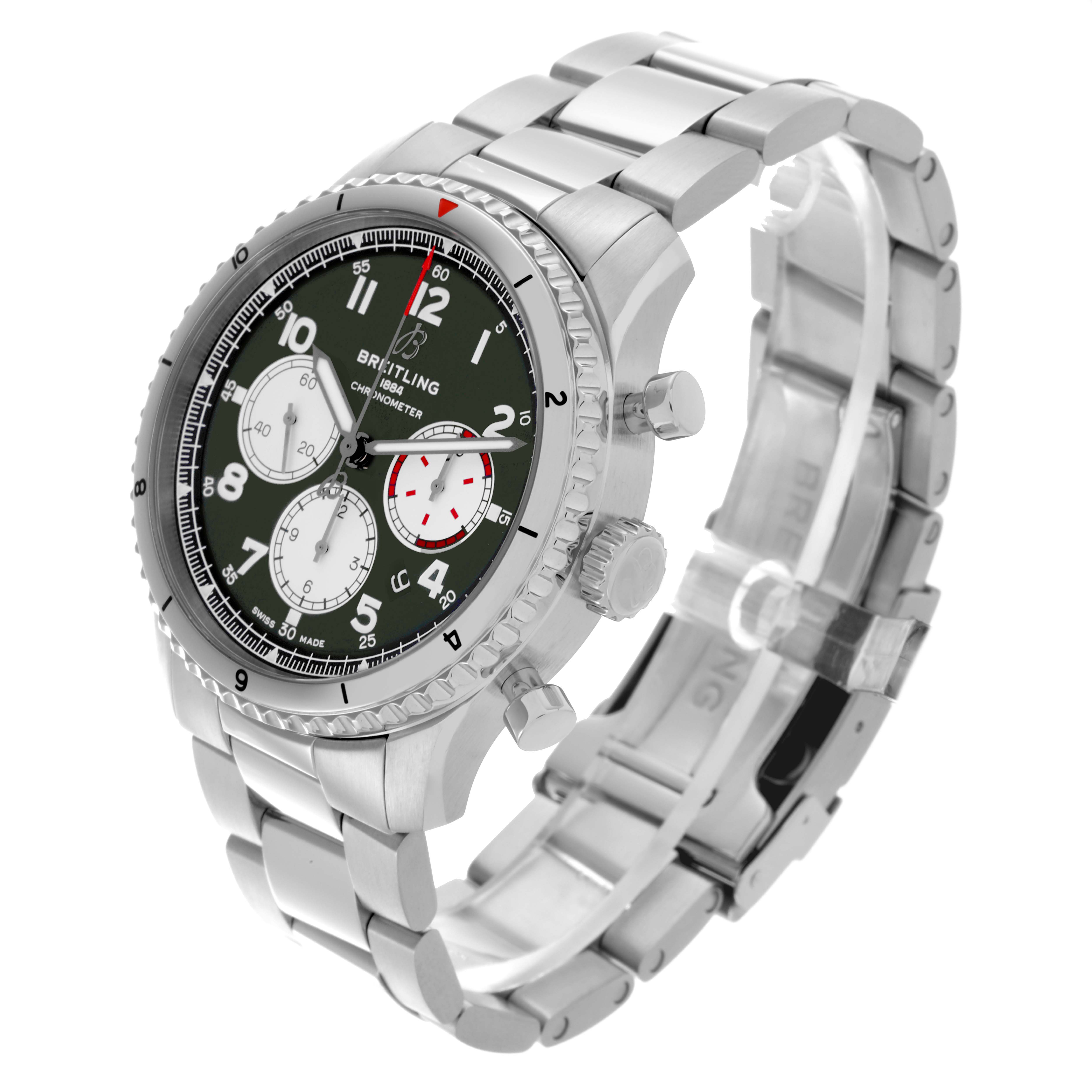 The image shows a Breitling Aviator AB01192A1L1A1 Men's Stainless Steel Green Dial AB01192A1L1A1 Men's Stainless Steel Green Dial watch at a three-quarter angle, highlighting the face, bezel, crown, pushers, and bracelet.