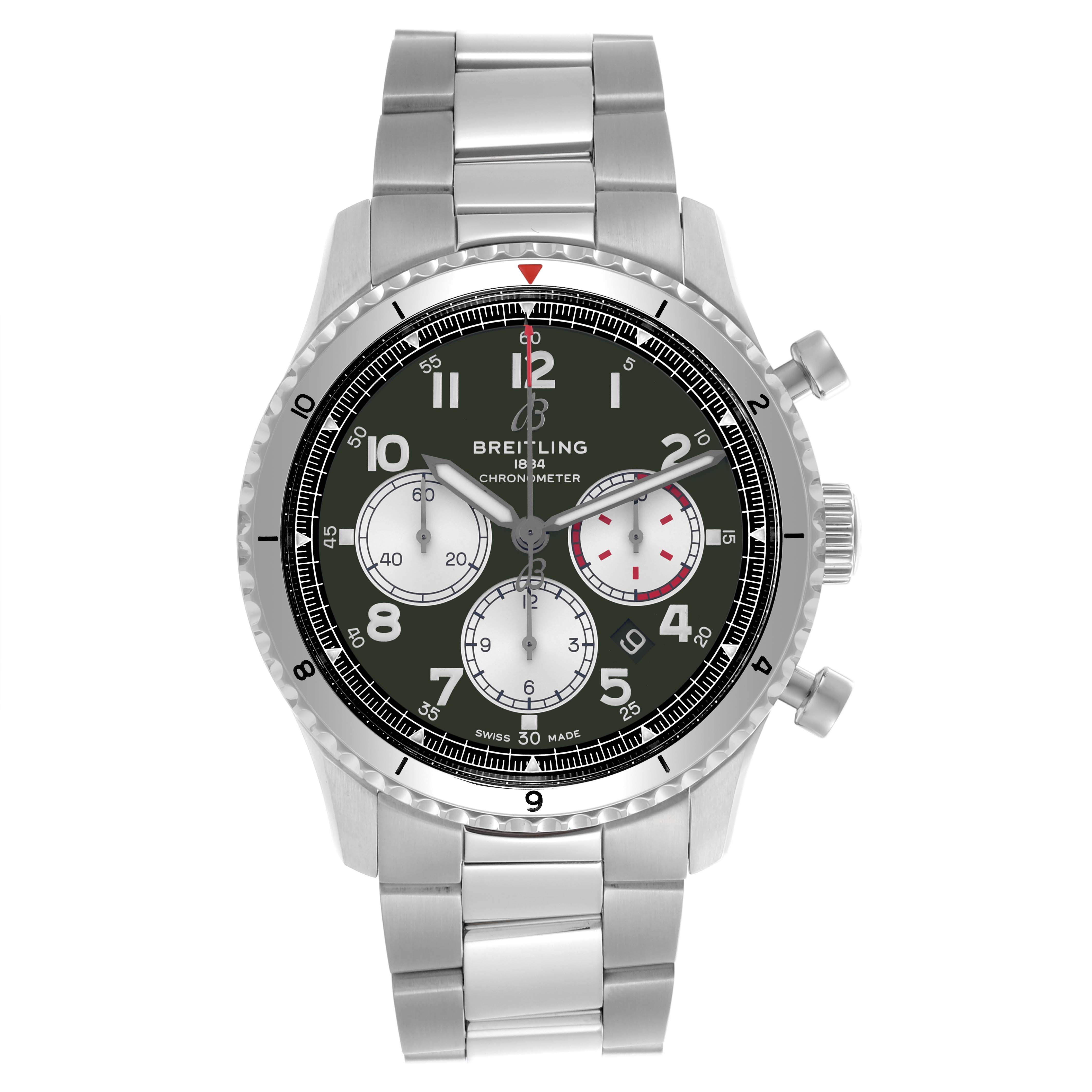 The Breitling Aviator AB01192A1L1A1 Men's Stainless Steel Green Dial AB01192A1L1A1 Men's Stainless Steel Green Dial watch is shown from the front, displaying the dial, bezel, crown, pushers, and metal bracelet.
