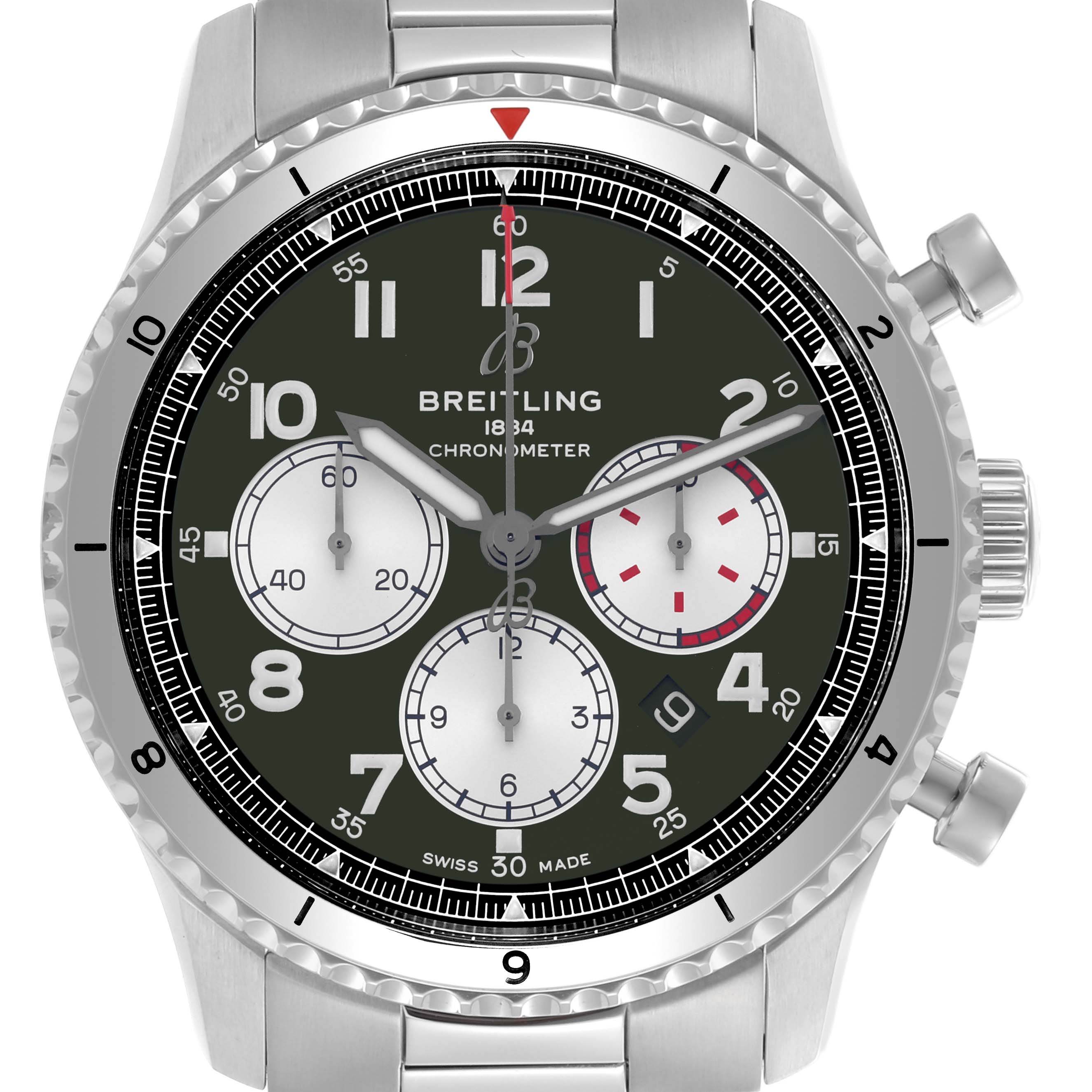 The Breitling Aviator AB01192A1L1A1 Men's Stainless Steel Green Dial AB01192A1L1A1 Men's Stainless Steel Green Dial watch is shown from a top-down angle, displaying the dial, chronograph subdials, bezel, and side pushers.