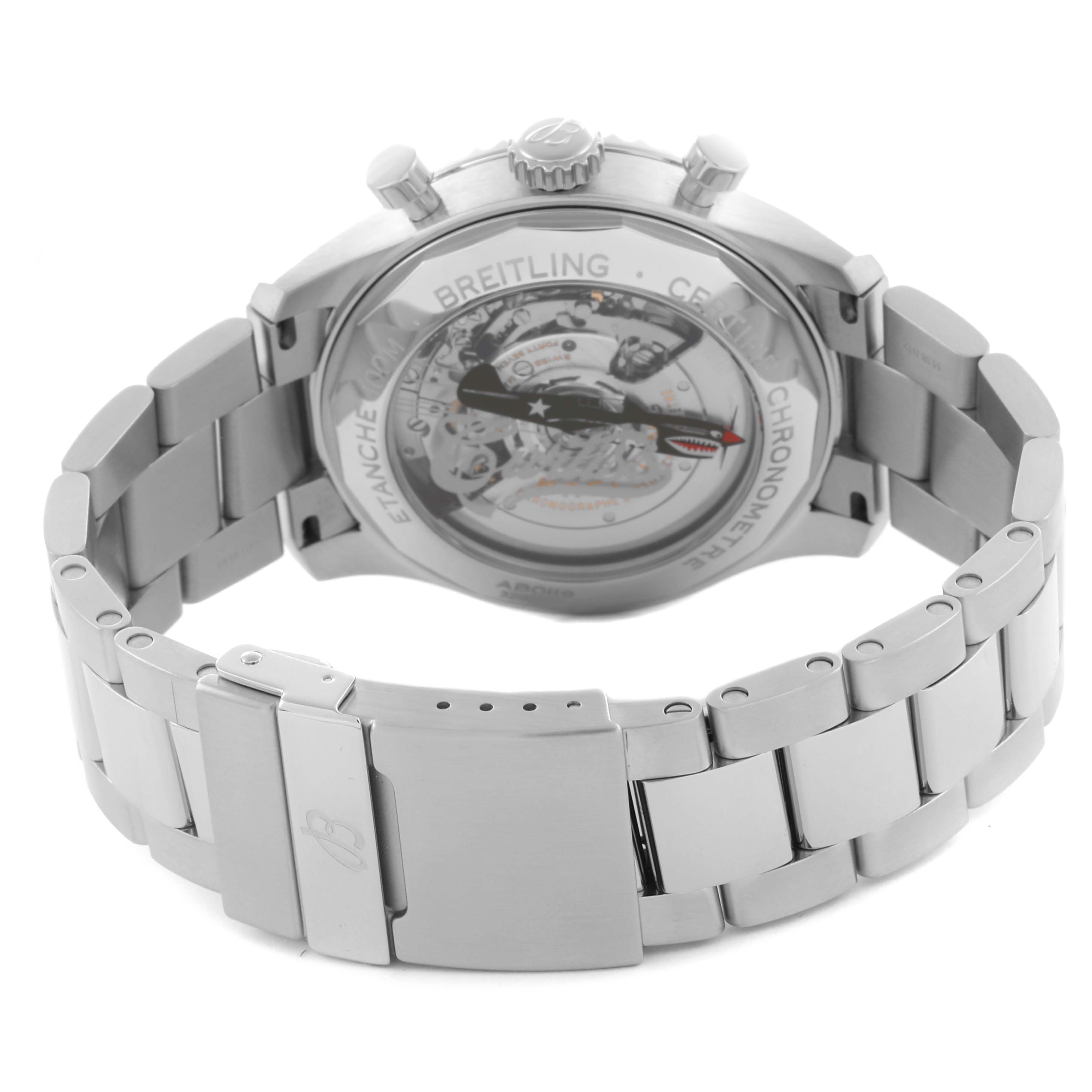 The image shows the back and bracelet of a Breitling Aviator AB01192A1L1A1 Men's Stainless Steel Green Dial AB01192A1L1A1 Men's Stainless Steel Green Dial watch, highlighting the transparent case back and clasp.