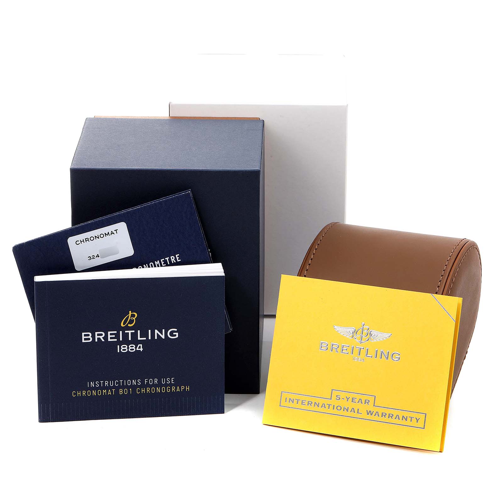 The image shows accessories for the Breitling Chronomat AB0115 Men
s Stainless Steel Blue Dial AB0115 Men
s Stainless Steel Blue Dial, including manuals, warranty card, box, and watch case, all from a front angle.