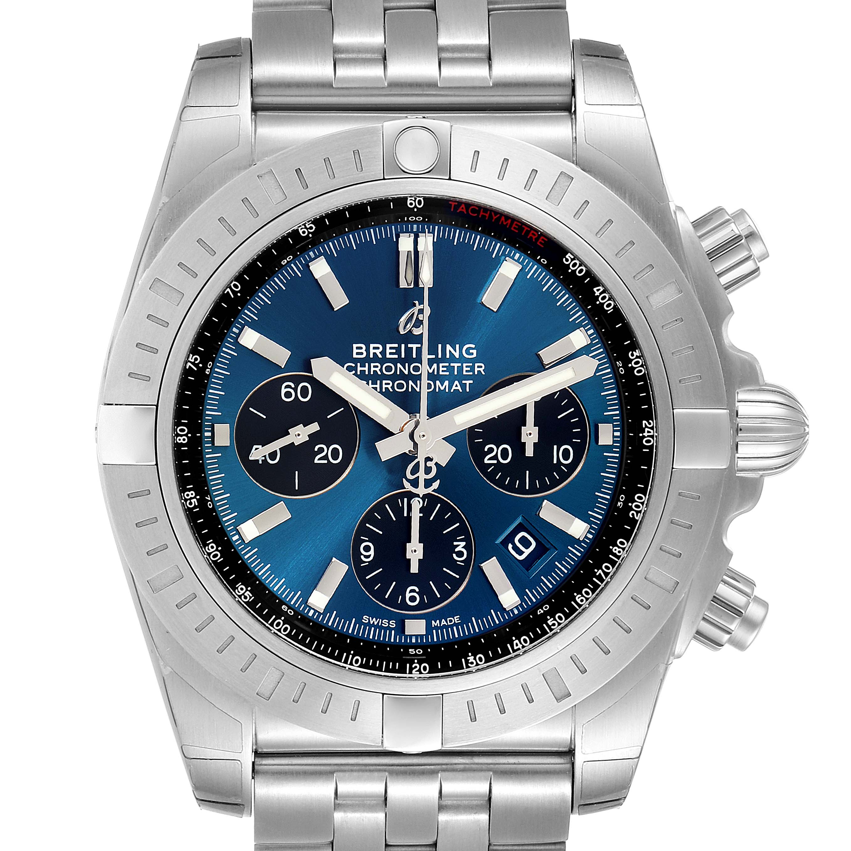 The image shows a front view of the Breitling Chronomat AB0115 Men
s Stainless Steel Blue Dial AB0115 Men
s Stainless Steel Blue Dial watch, highlighting its blue dial, chronograph sub-dials, and metal bracelet.