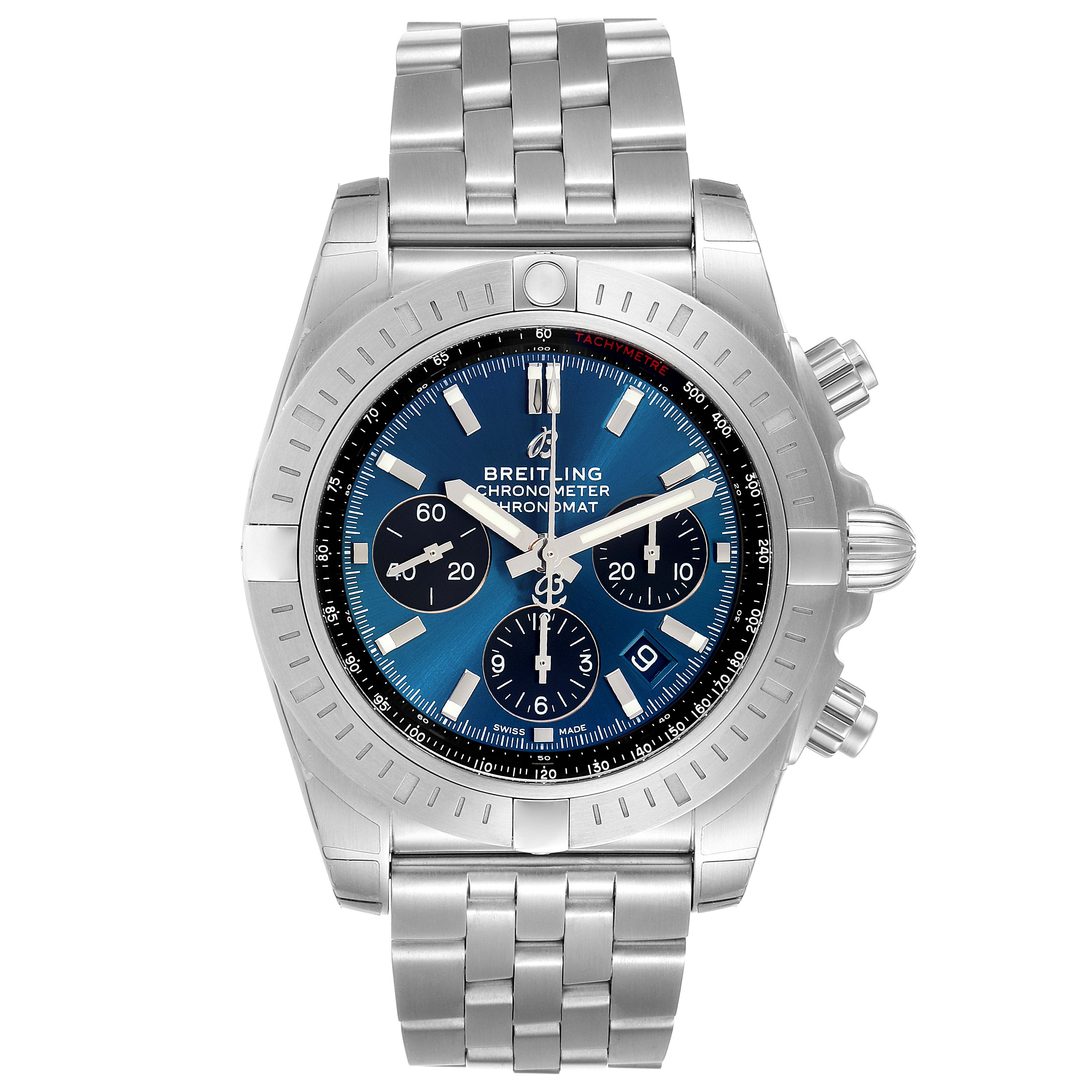 This image shows a front view of a Breitling Chronomat AB0115 Men
s Stainless Steel Blue Dial AB0115 Men
s Stainless Steel Blue Dial watch, highlighting its face, bezel, and bracelet.
