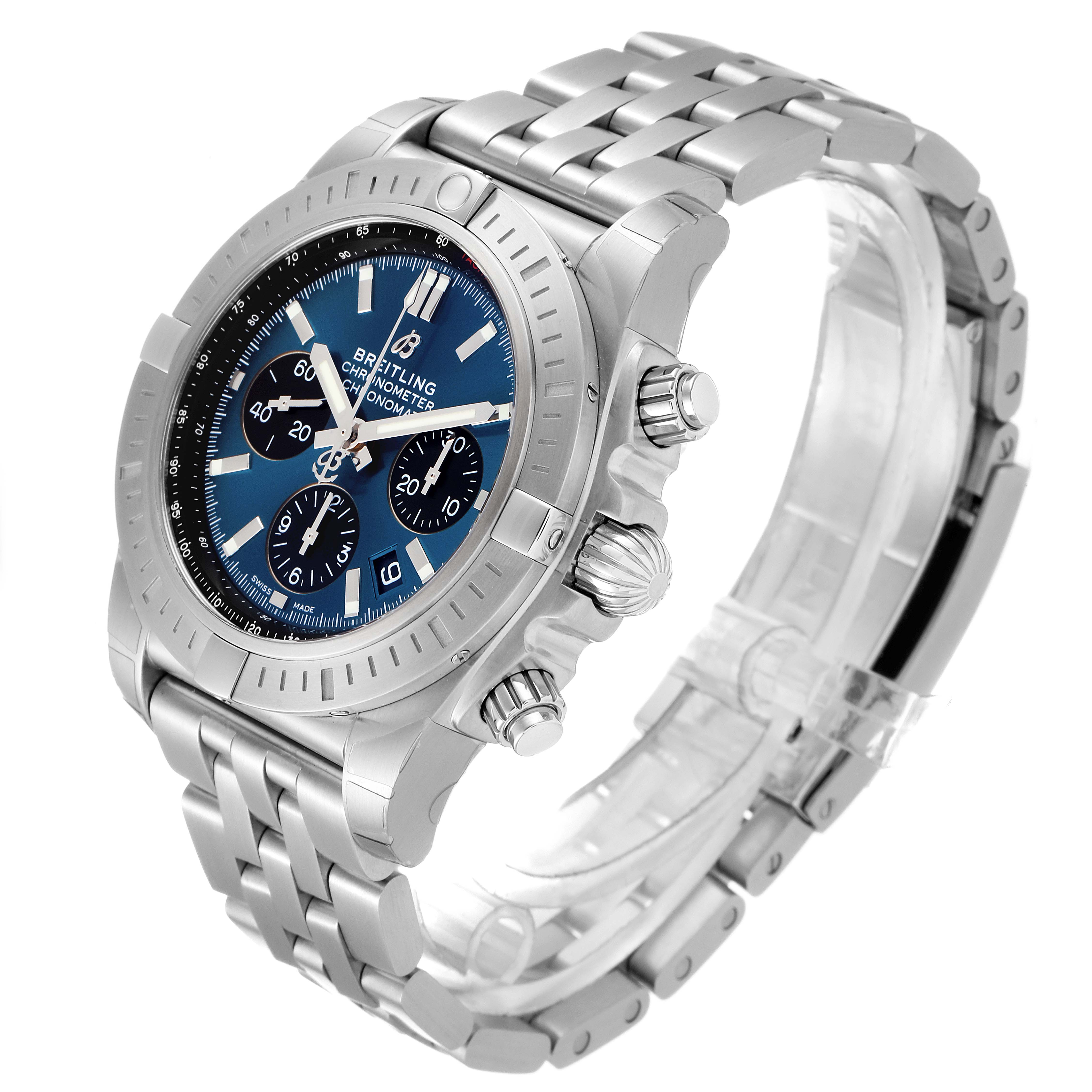 The image shows a Breitling Chronomat AB0115 Men
s Stainless Steel Blue Dial AB0115 Men
s Stainless Steel Blue Dial watch at a three-quarter angle, highlighting its stainless steel case, bracelet, and blue dial with subdials.