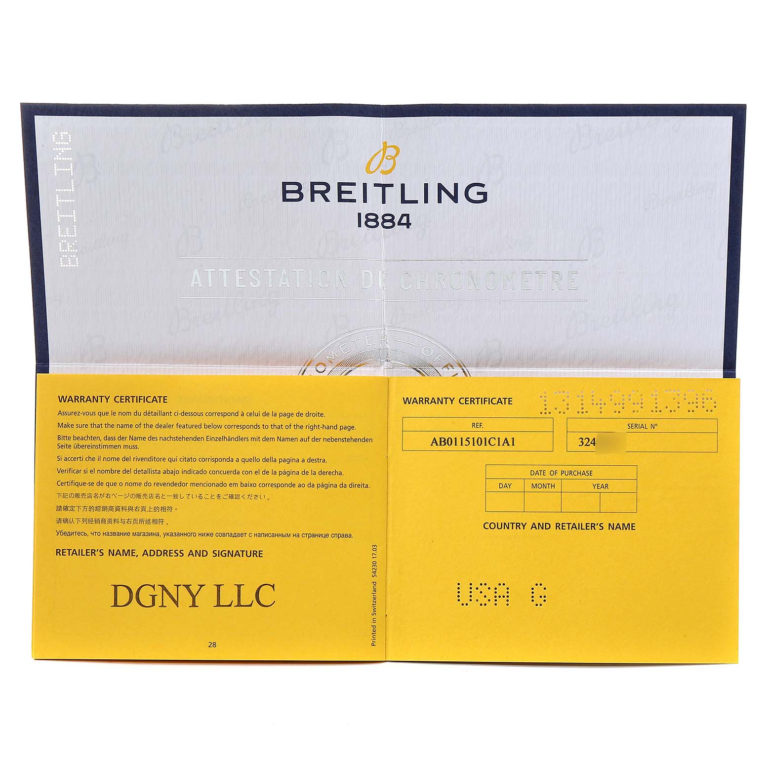 The image shows the warranty certificate for a Breitling Chronomat AB0115 Men
s Stainless Steel Blue Dial AB0115 Men
s Stainless Steel Blue Dial watch.