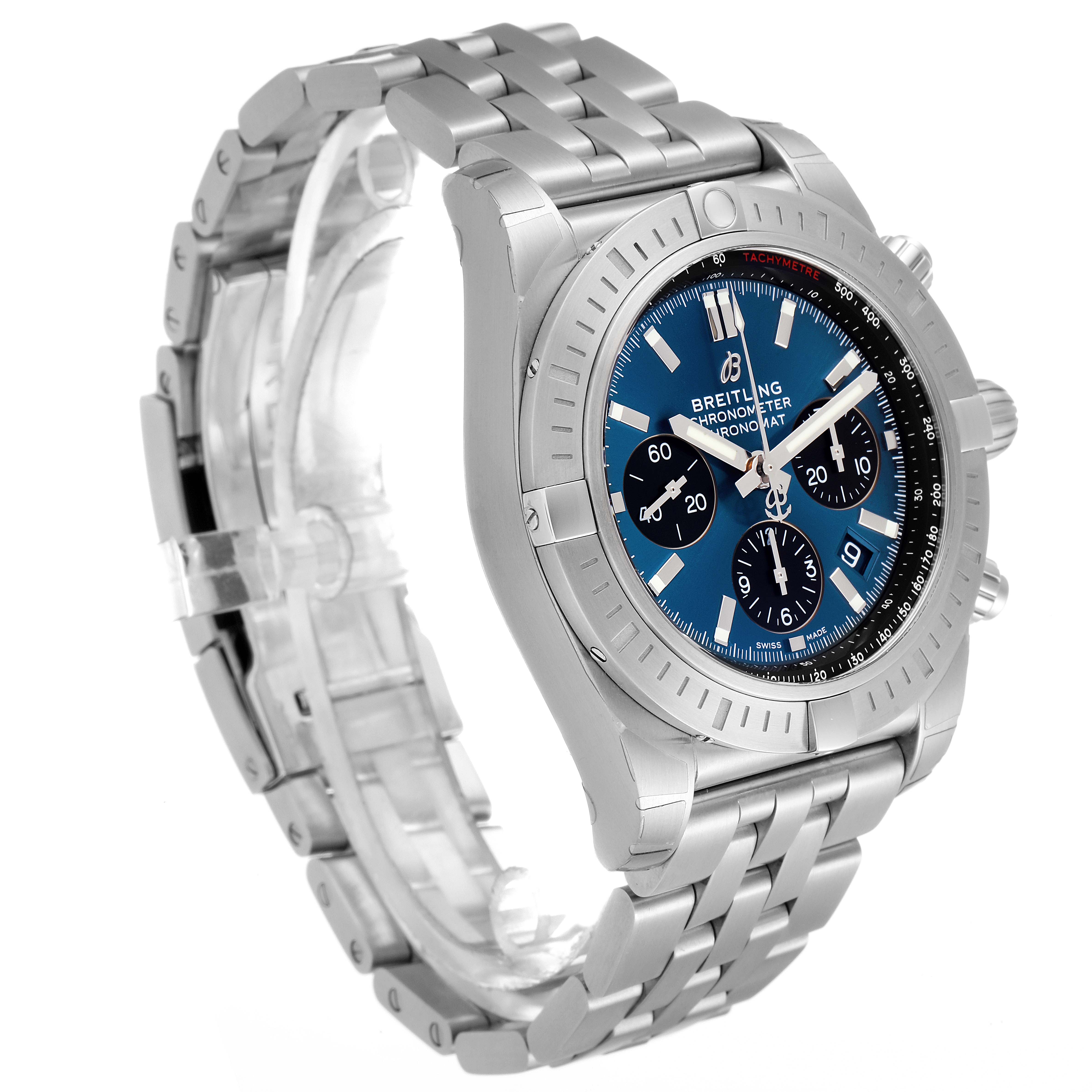 The image shows a Breitling Chronomat AB0115 Men
s Stainless Steel Blue Dial AB0115 Men
s Stainless Steel Blue Dial watch from a three-quarter angle, highlighting the bracelet, case, bezel, and dial.